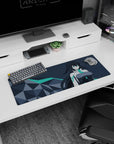 Anime girl mouse pad 32x12 inches featuring teal-eyed heroine with flowing hair beside faceted rocks.