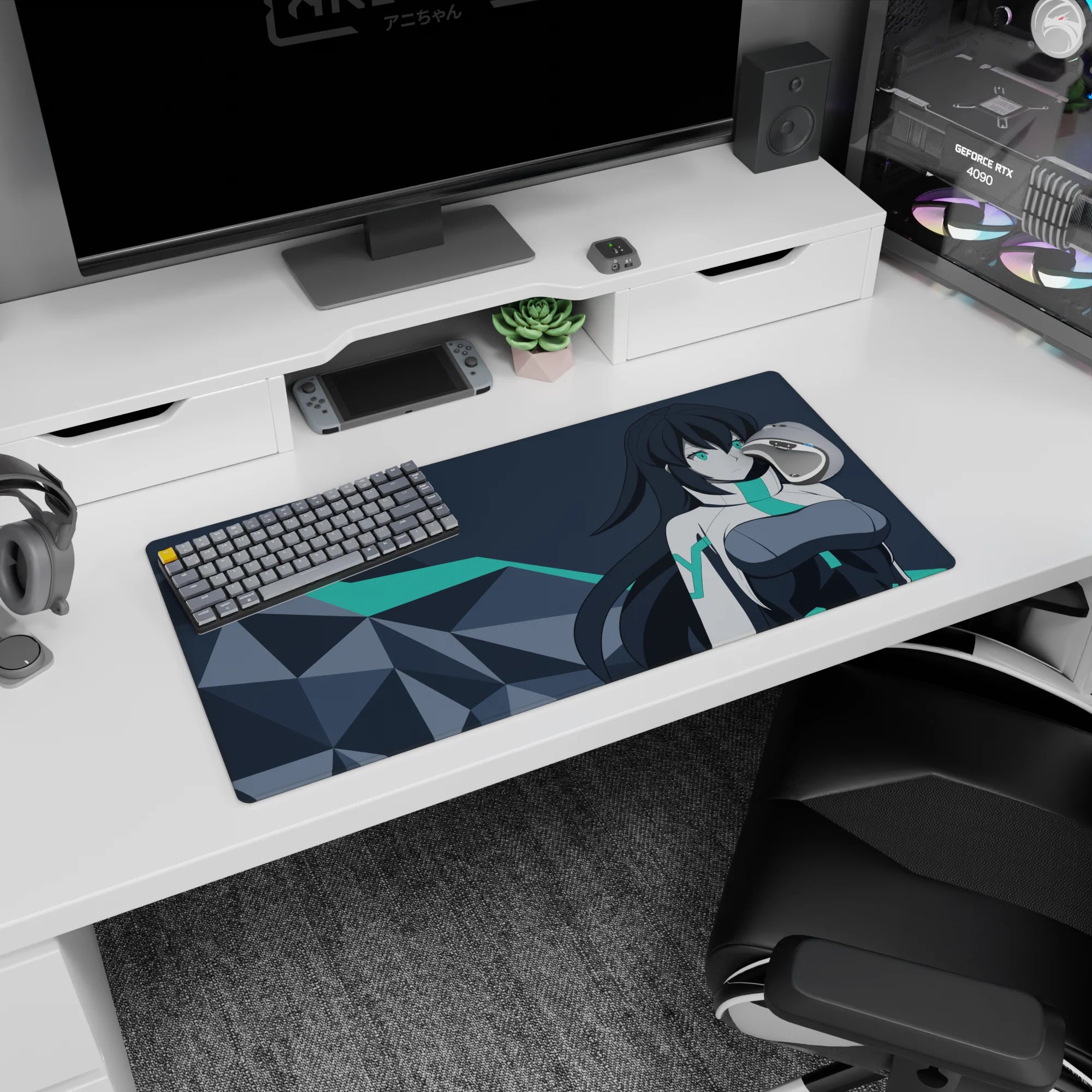 Large anime girl mouse pad 32x16 inches featuring original teal-eyed heroine in flowing hair and sleek suit.