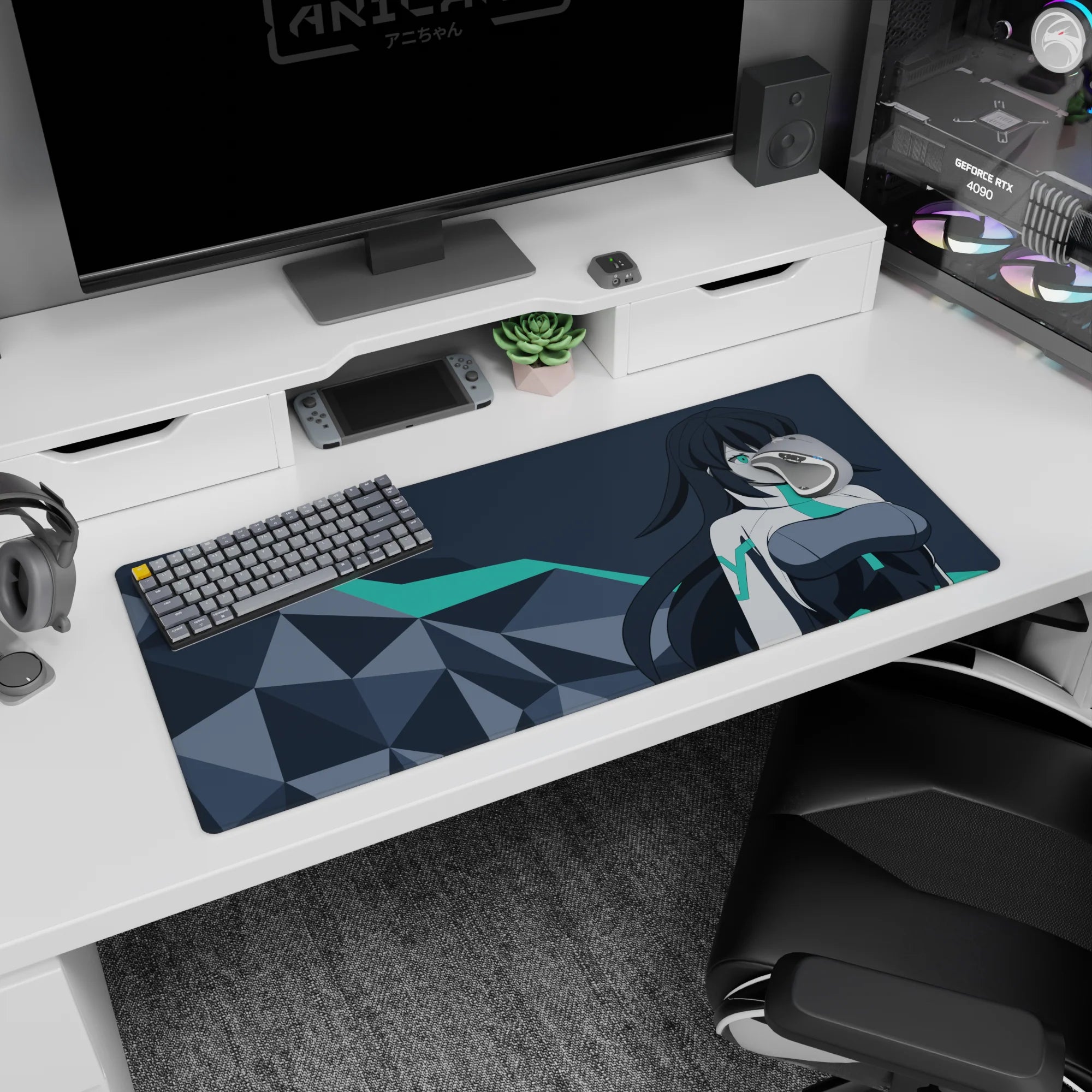 Teal-eyed anime girl in sleek white and charcoal suit on desk pad 36x16 inches, hair flowing.
