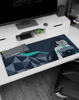 Teal-eyed anime girl in sleek white and charcoal suit on desk pad 36x16 inches, hair flowing.