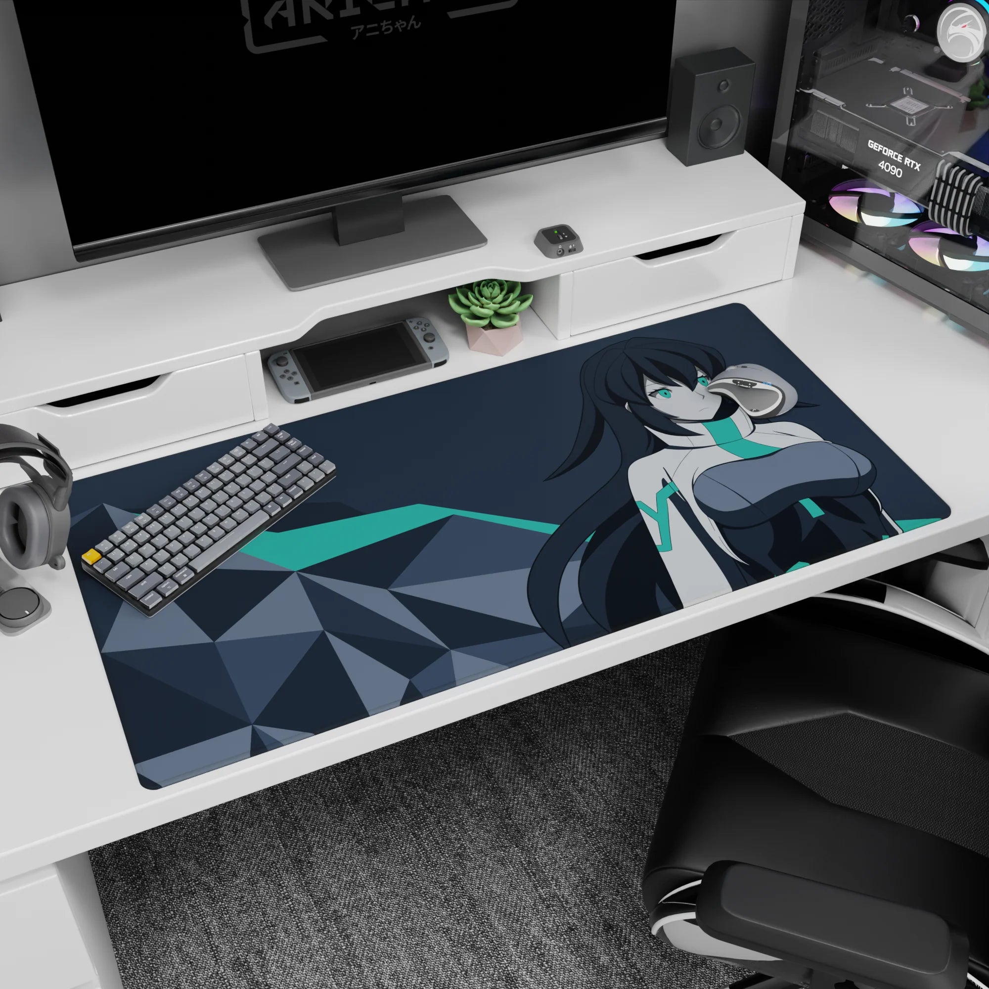 Teal-eyed anime heroine in white suit with flowing hair on desk pad 40x20 inches, modern geometric scene.