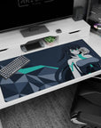 Teal-eyed anime heroine in white suit with flowing hair on desk pad 40x20 inches, modern geometric scene.
