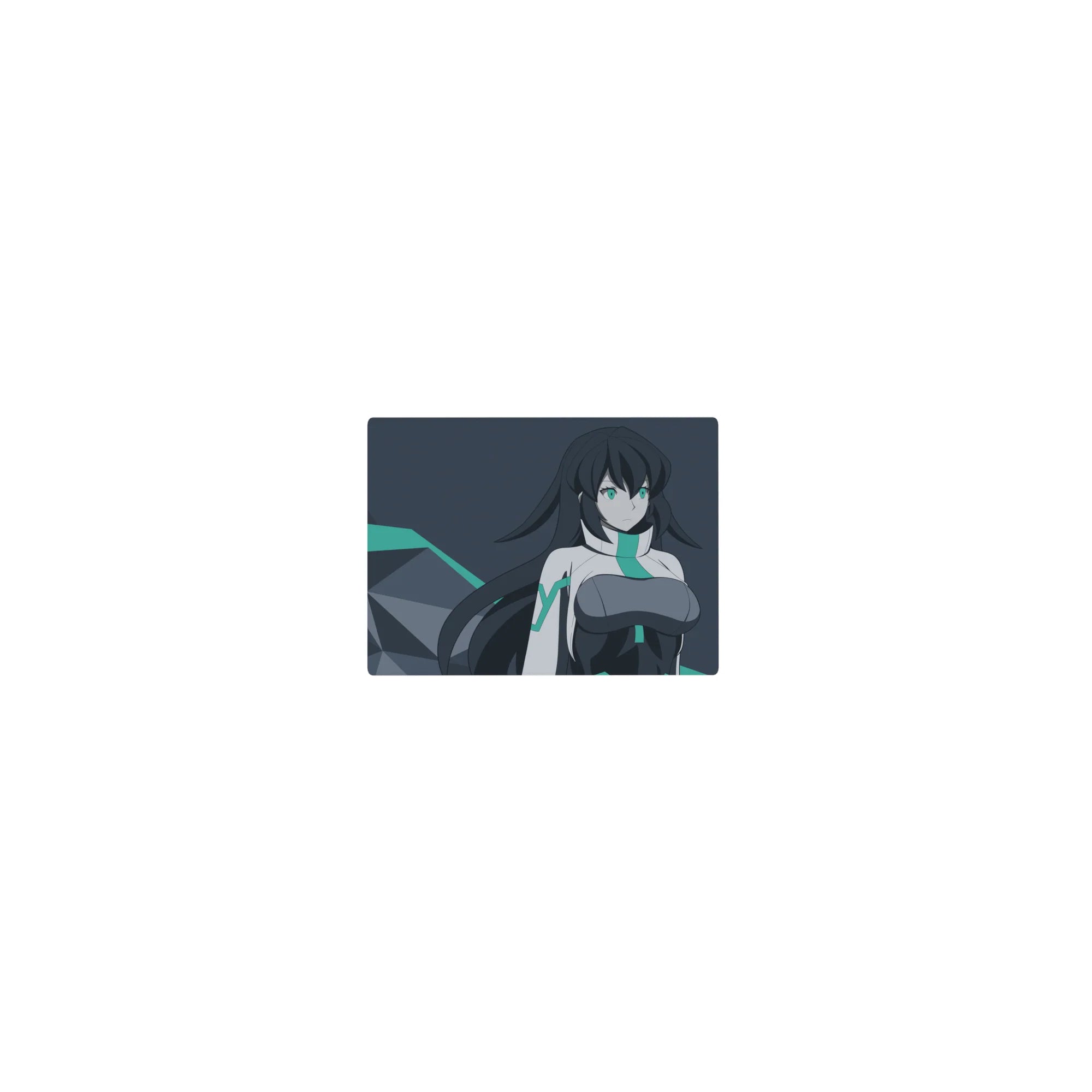 Classic anime girl mouse pad 14x10 inches with teal-eyed heroine, sleek suit, and polygon rock accents.