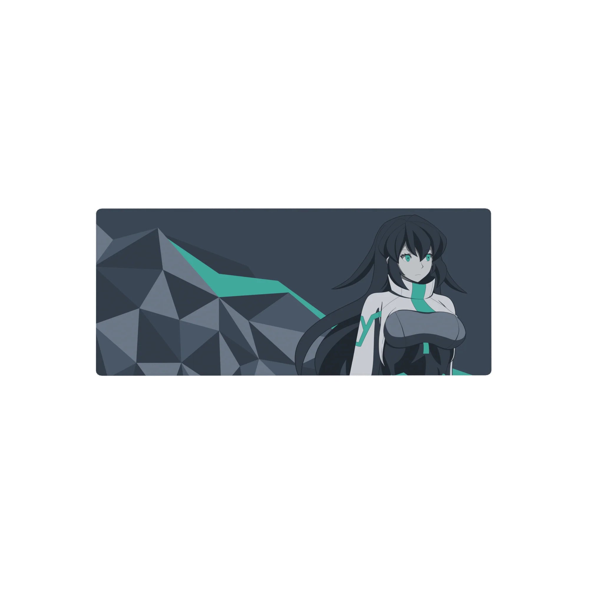 28x12 inches anime girl mouse pad with cyber-future heroine, polygon rocks, and teal streak design.