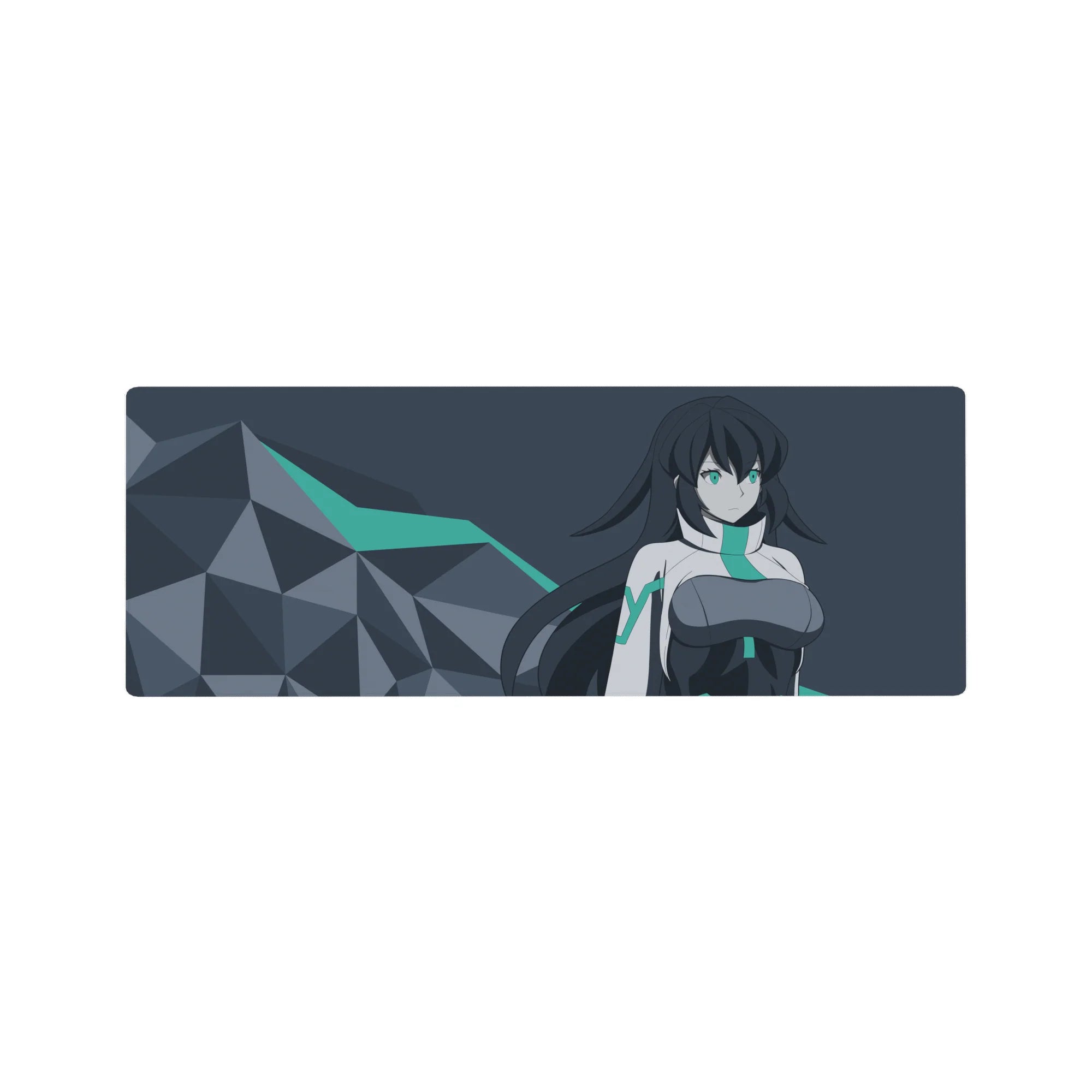 Anime girl mouse pad 32x12 inches with sleek white-charcoal suit heroine and polygon rock accents.