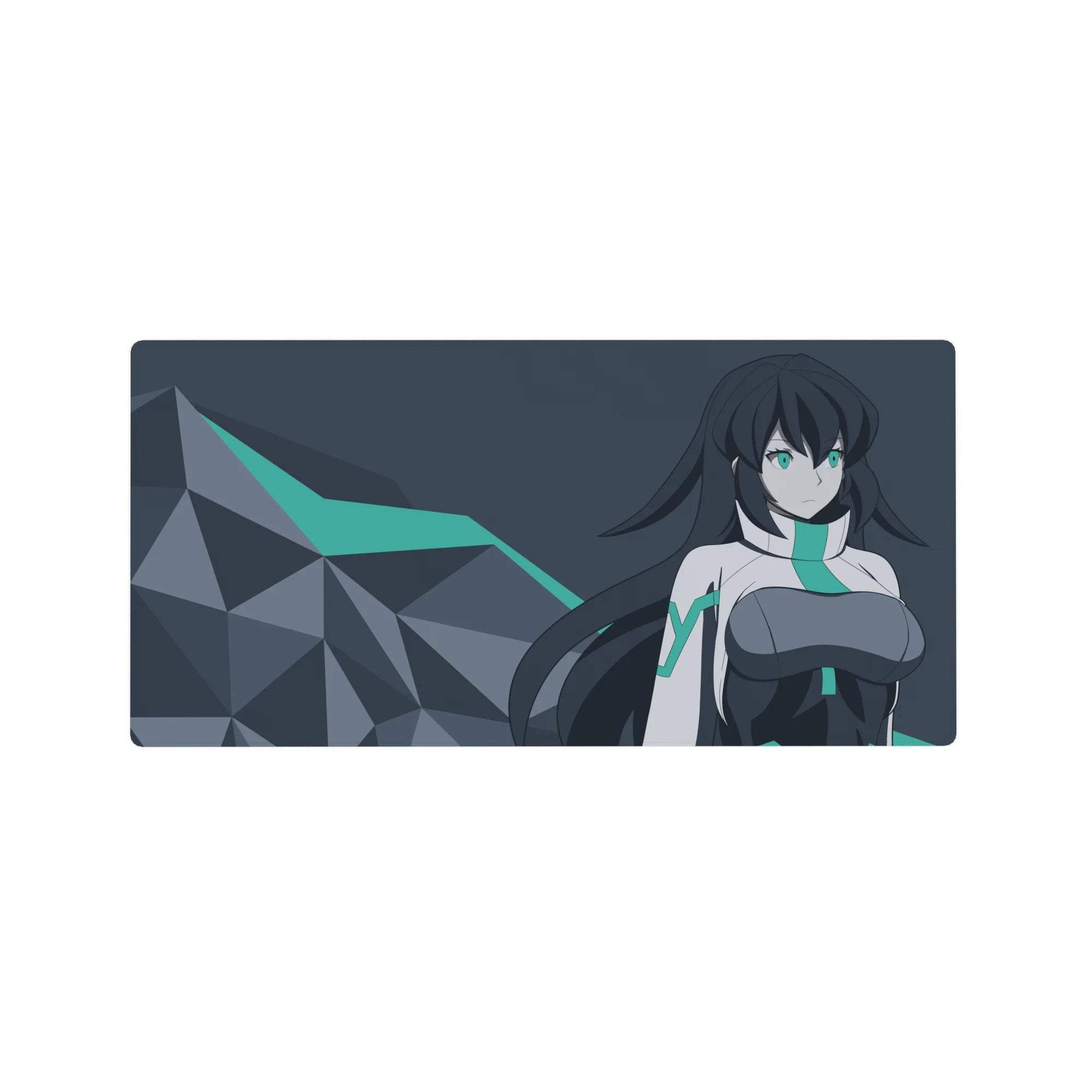 Anime girl mouse pad 32x16 inches with cyber-future heroine, polygon rocks, teal accent, sleek suit art.
