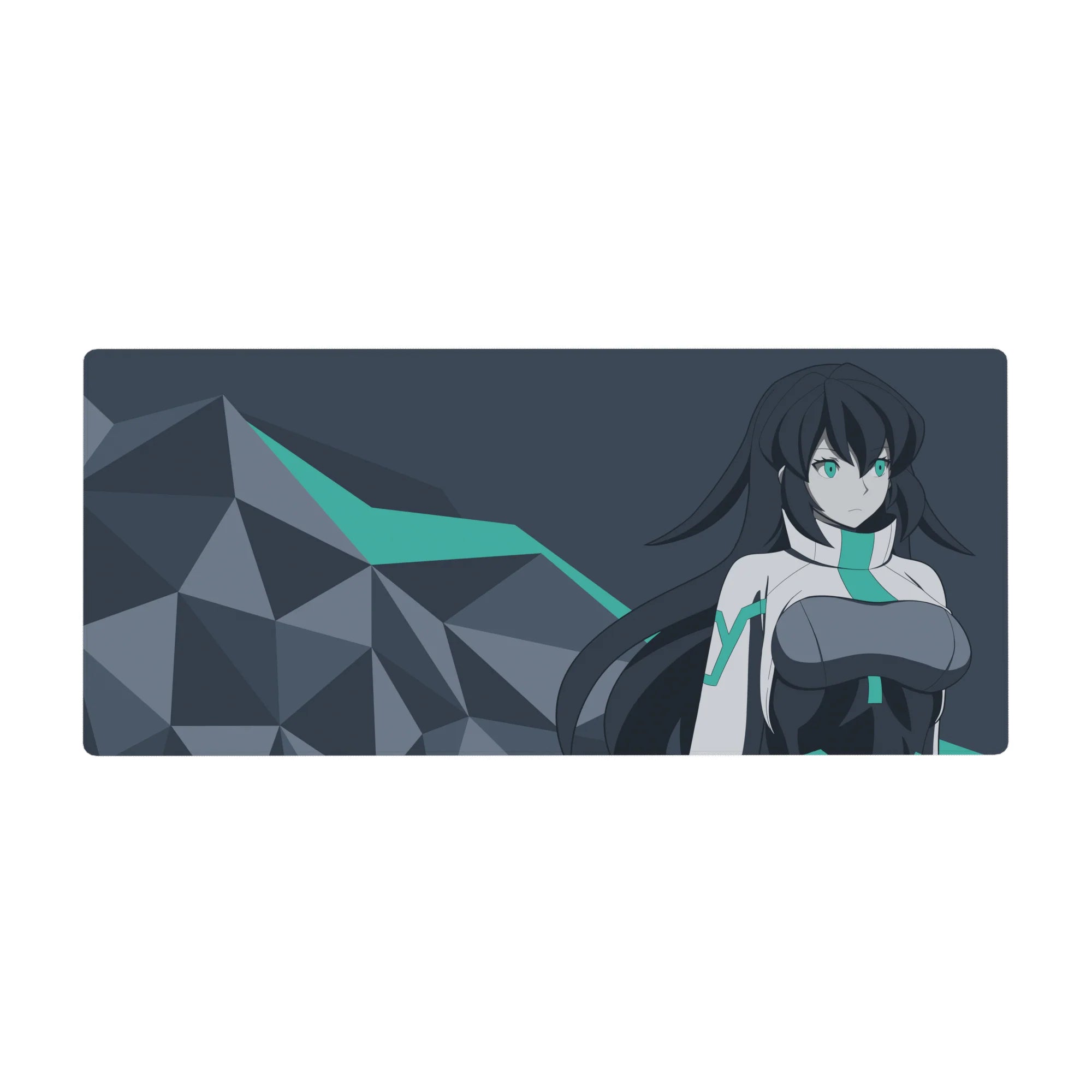 Anime girl desk pad 36x16 inches with teal-eyed heroine in white suit and polygon rocks, modern look.