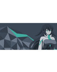 Anime girl desk pad 36x16 inches with teal-eyed heroine in white suit and polygon rocks, modern look.