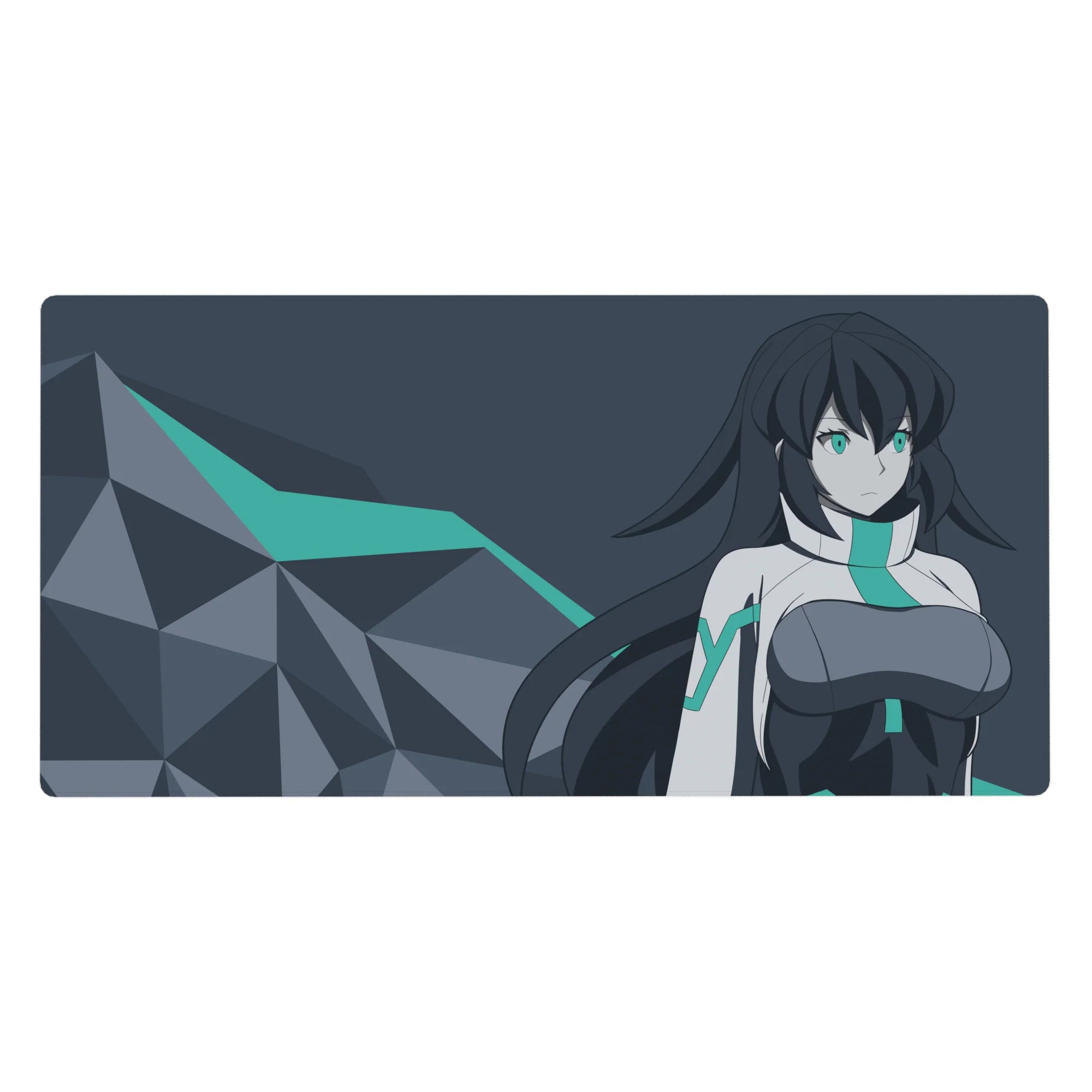 Anime girl desk pad 40x20 inches with sci-fi heroine, polygon rocks, and teal accent on a sleek backdrop.