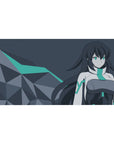 Anime girl desk pad 40x20 inches with sci-fi heroine, polygon rocks, and teal accent on a sleek backdrop.