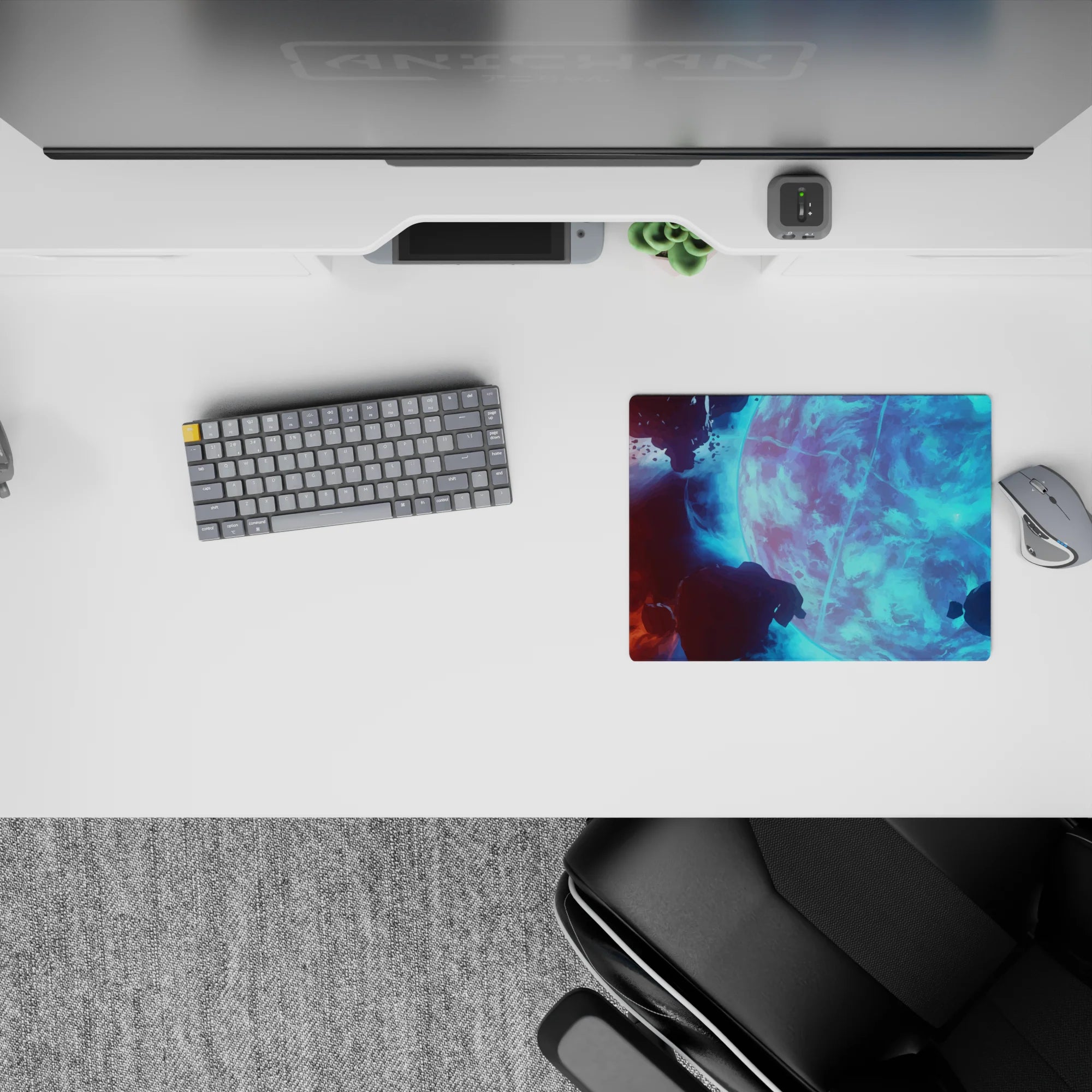 Cool aqua glow space vibe in icy blues with deep shadows and soft lightning arcs classic mouse pad 14x10 inches.