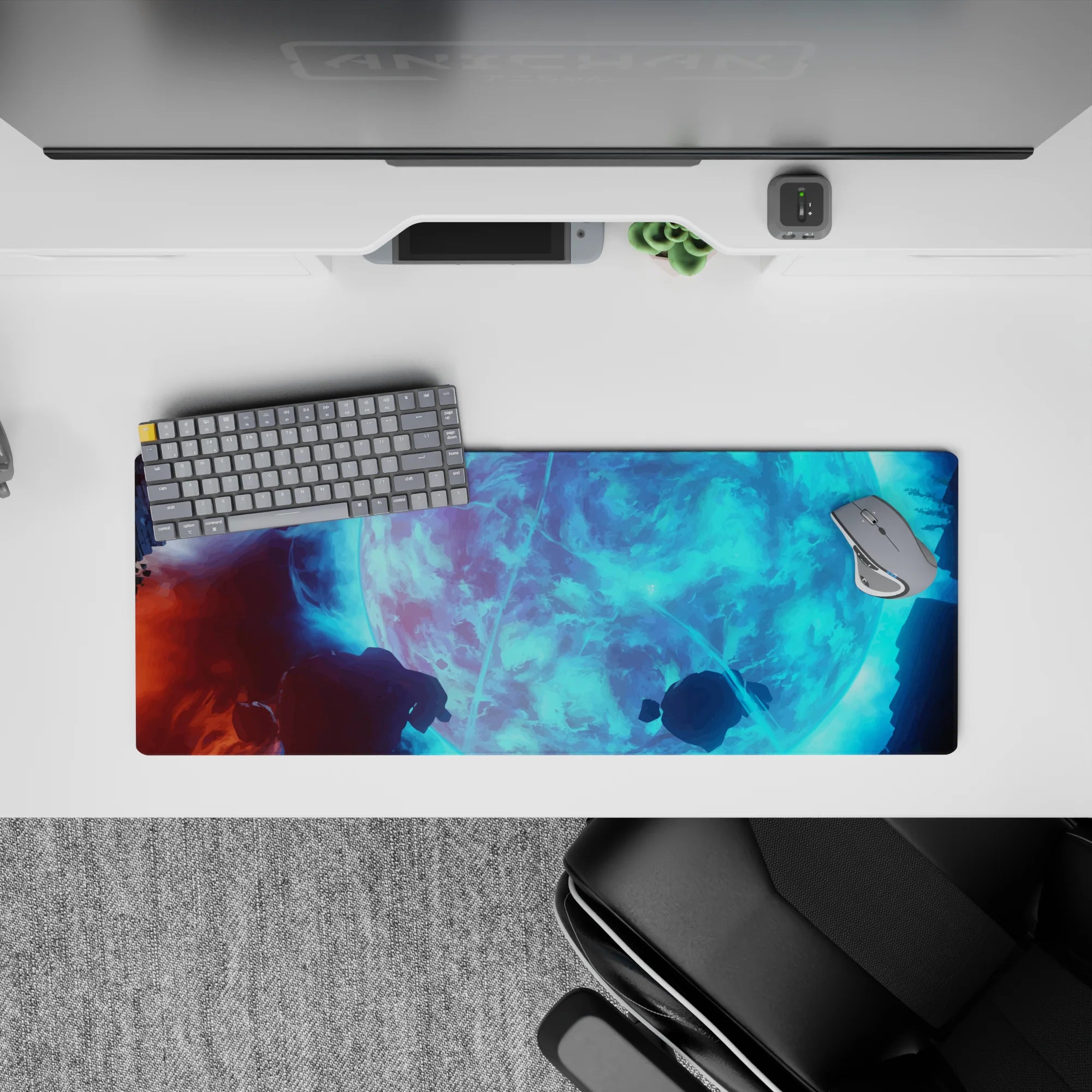 Cool aqua glow desk mat with deep space shadows and calm neon lightning vibe 32x12 inches mouse pad.