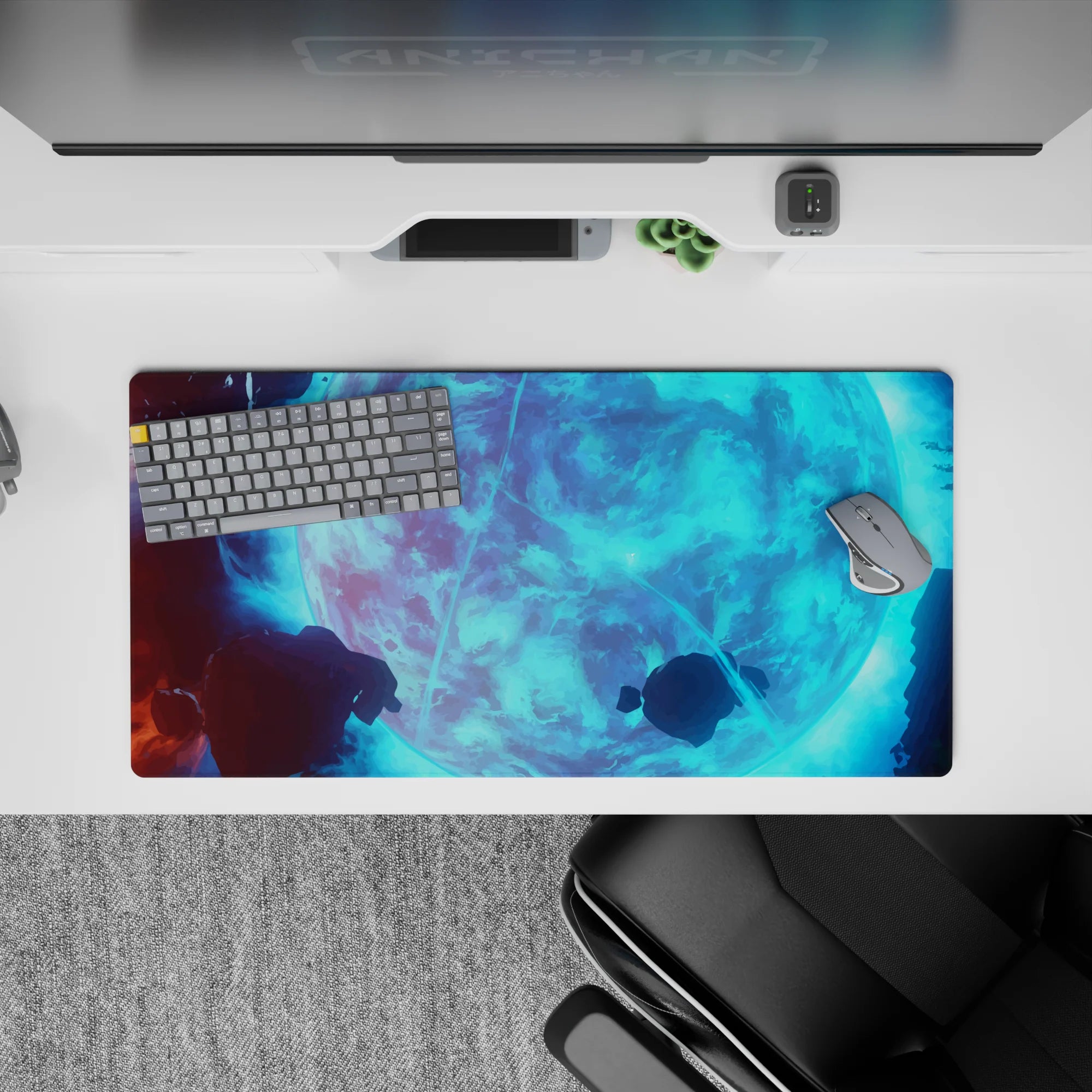 Cool aqua glow with deep shadows, calm cosmic mood mouse pad 32x16 inches.