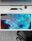 Cool aqua glow with deep shadows, calm cosmic mood mouse pad 32x16 inches.