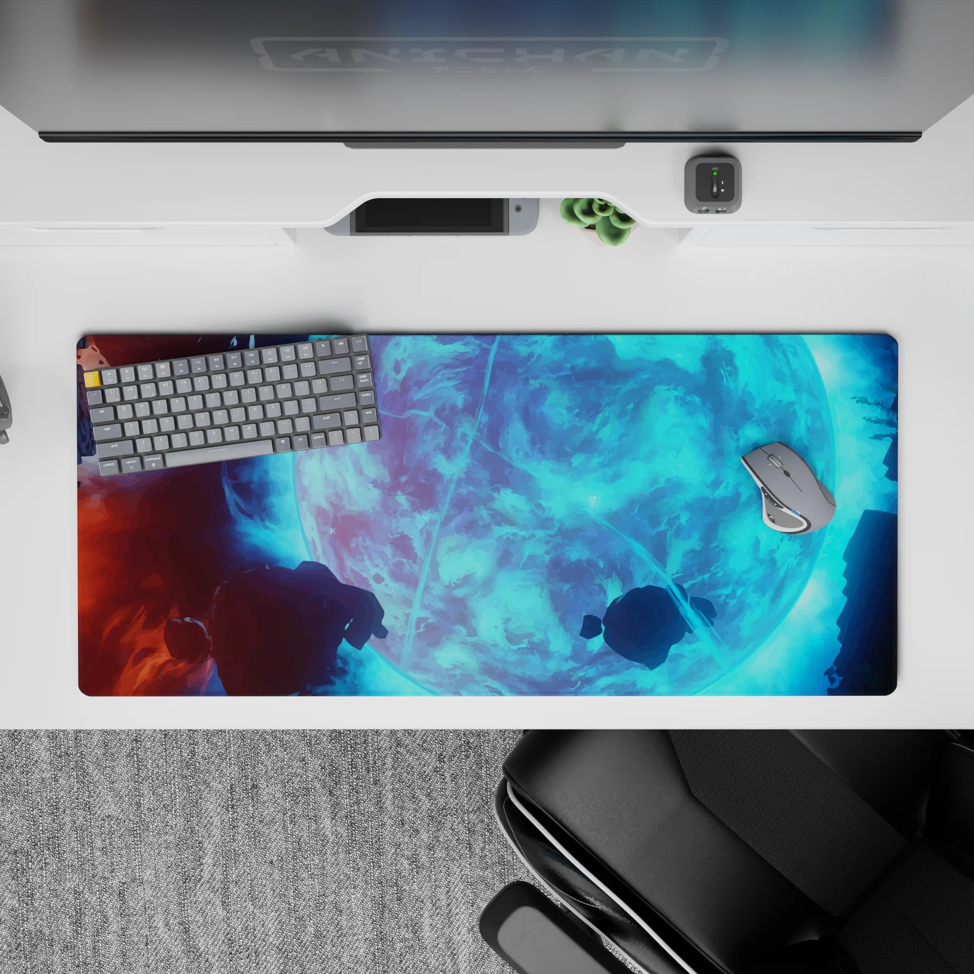 Cool aqua glow desk pad, 36x16 inches, calm cosmic mood with soft lightning neon and deep shadows.