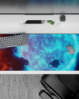 Cool aqua glow desk pad, 36x16 inches, calm cosmic mood with soft lightning neon and deep shadows.