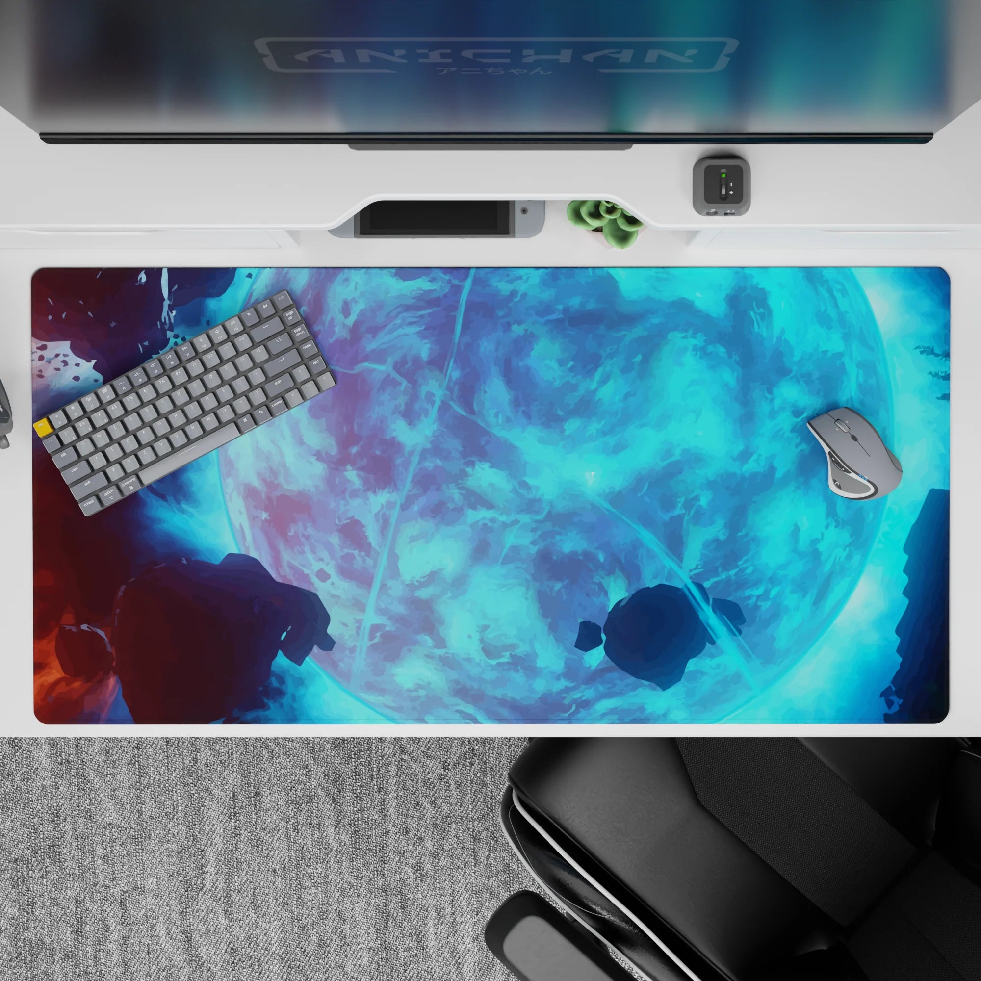Cool aqua glow desk pad with soft lightning neon and calm space vibe, 40x20 inches.