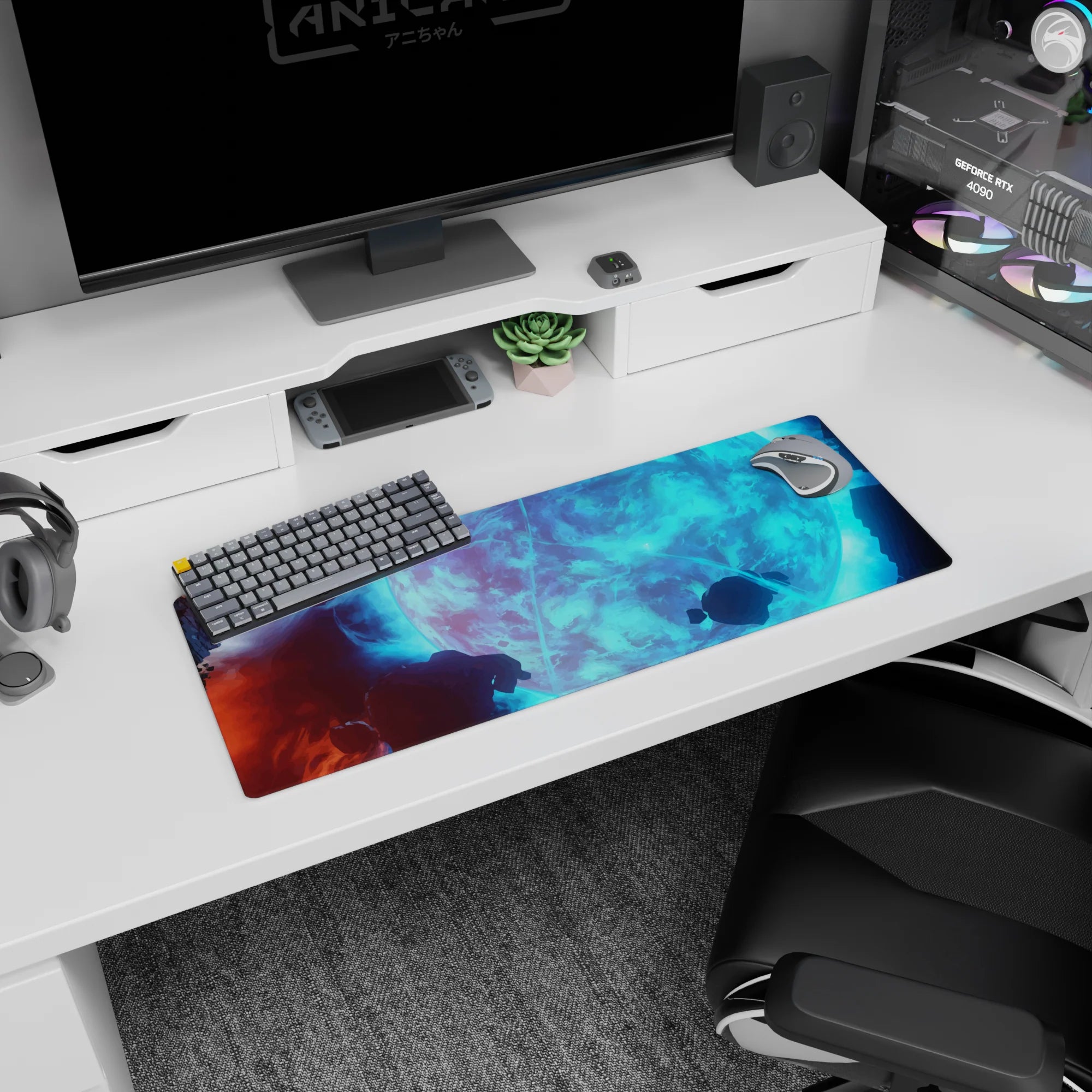 Space scene mouse pad 32x12 inches featuring a massive blue moon, cloud textures, and drifting rocks.