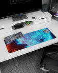 Space scene mouse pad 32x12 inches featuring a massive blue moon, cloud textures, and drifting rocks.