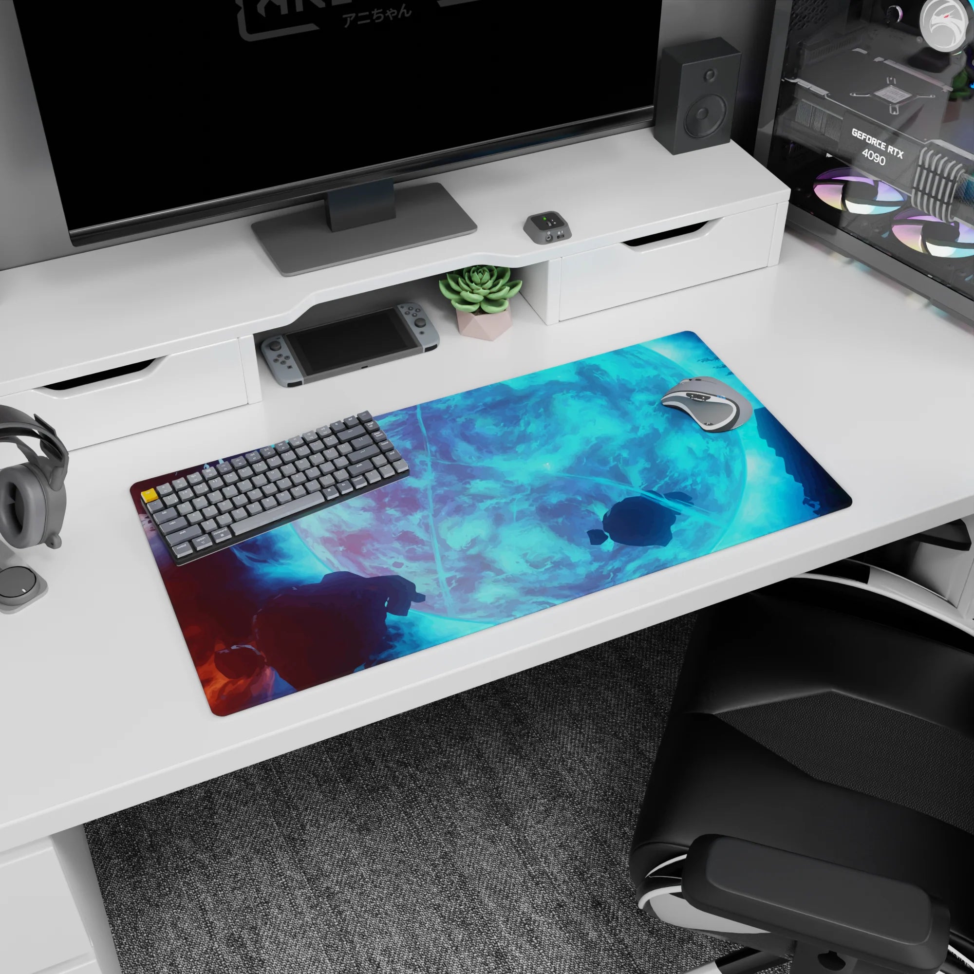 Giant icy-blue moon with swirling clouds and floating rocks scene mouse pad 32x16 inches.