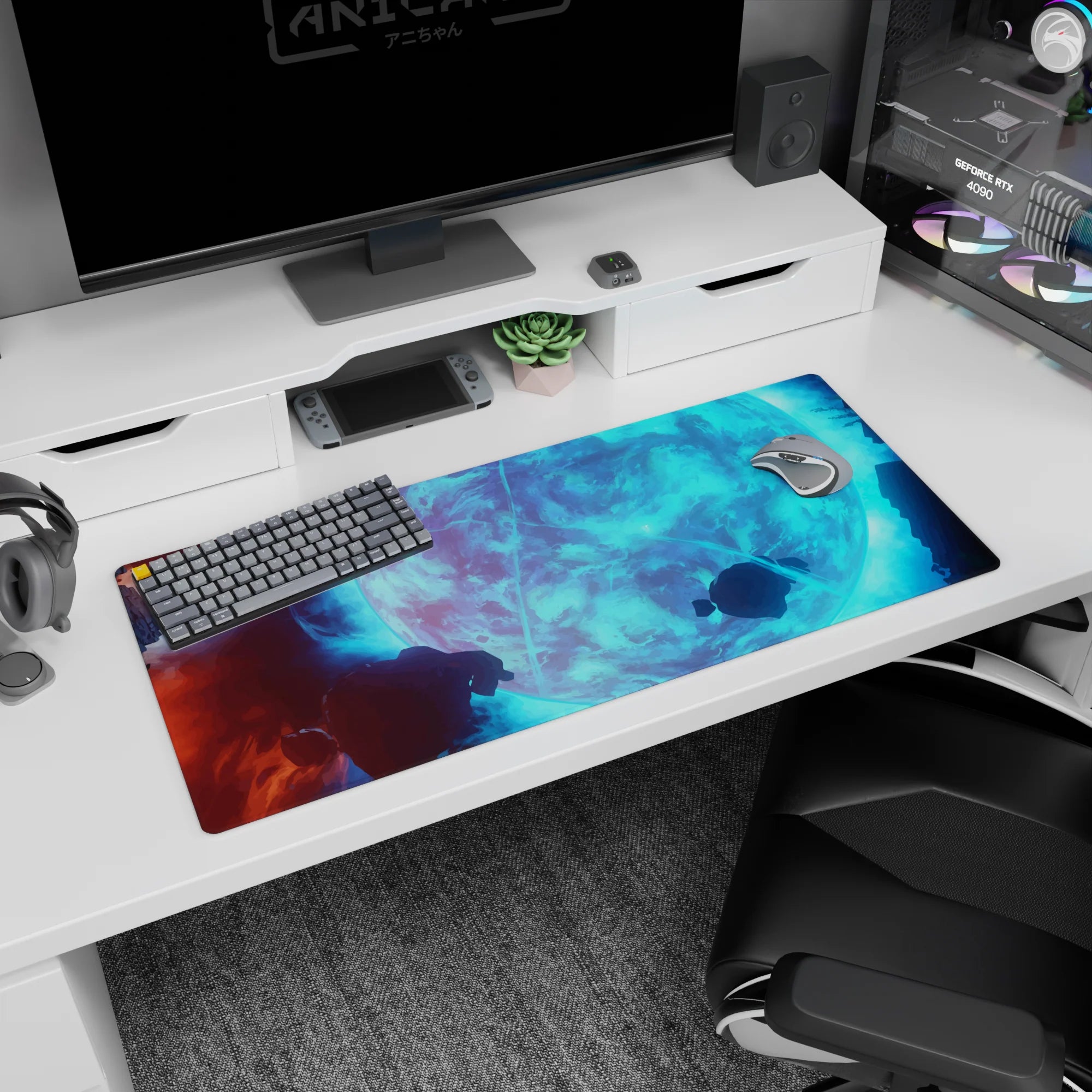 Giant icy-blue moon scene desk pad, 36x16 inches, wrapped in swirling clouds with rocky space drift.