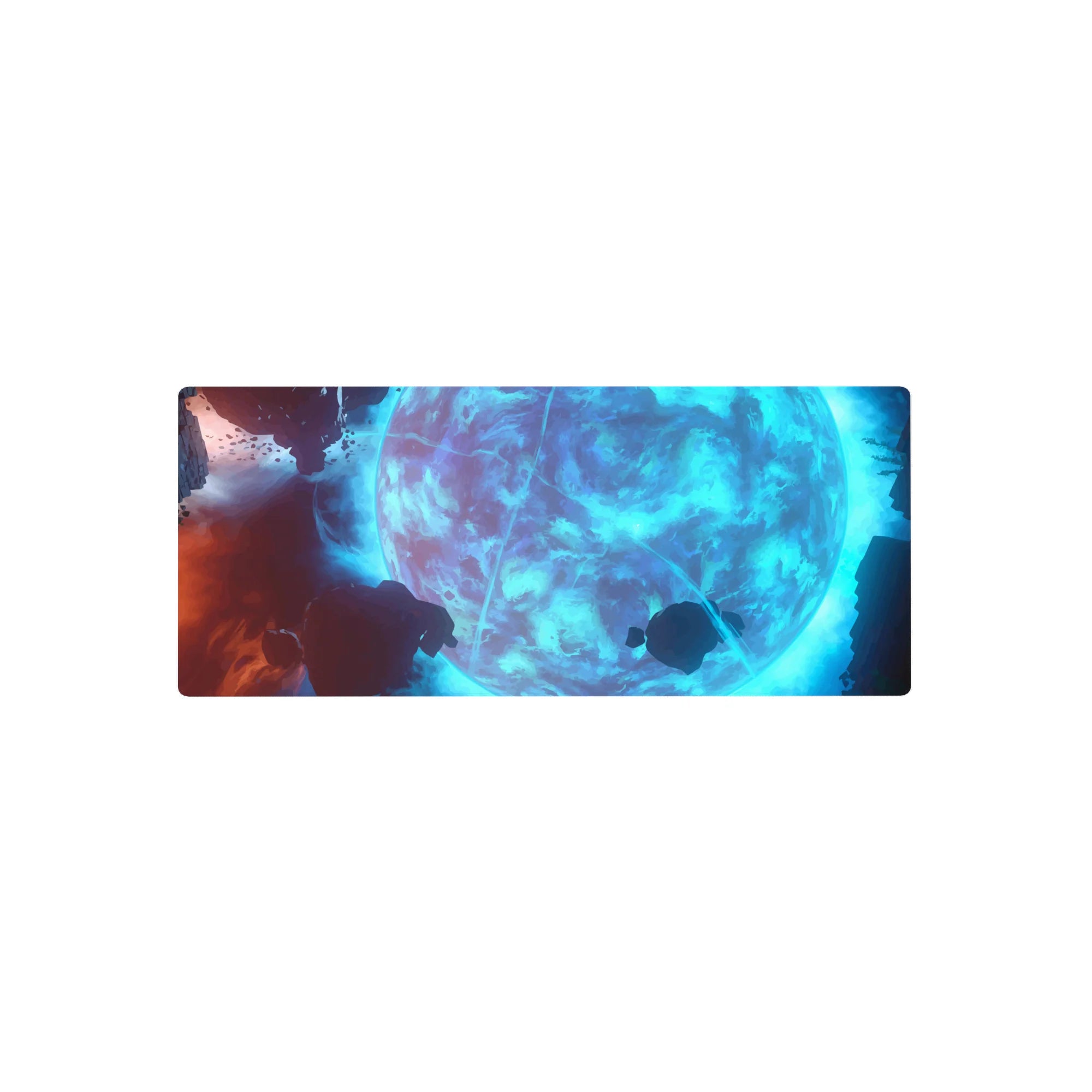 Icy-blue moon and swirling clouds with neon arcs extended mouse pad, 28x12 inches.