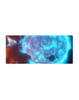 Icy-blue moon and swirling clouds with neon arcs extended mouse pad, 28x12 inches.