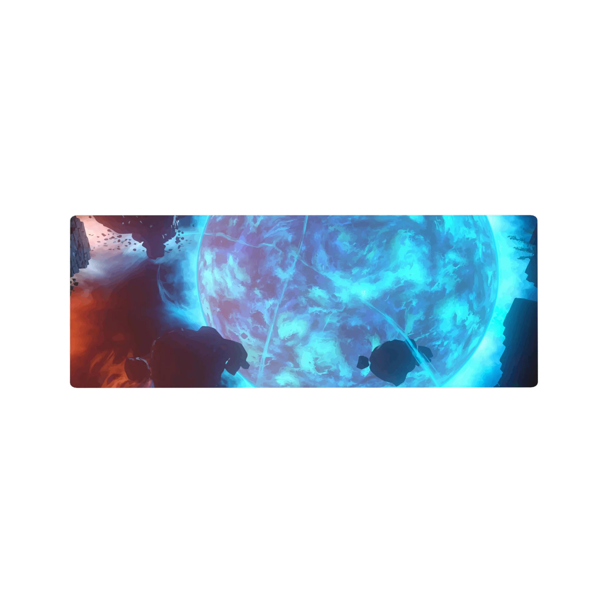 Giant icy-blue moon with swirling clouds, neon arcs, and floating rocks 32x12 inches mouse pad.