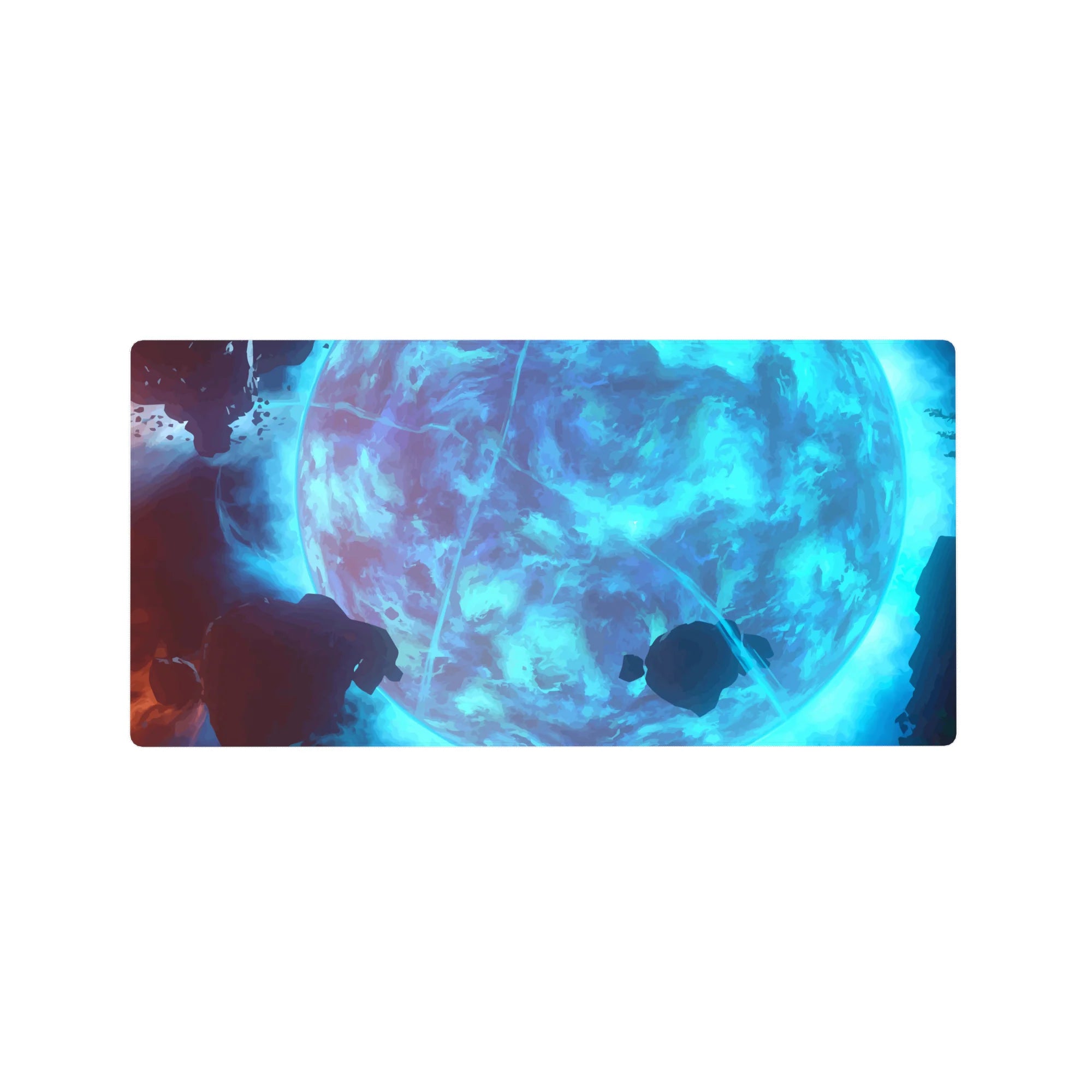 Icy-blue moon and neon arc space design desk mouse pad 32x16 inches.