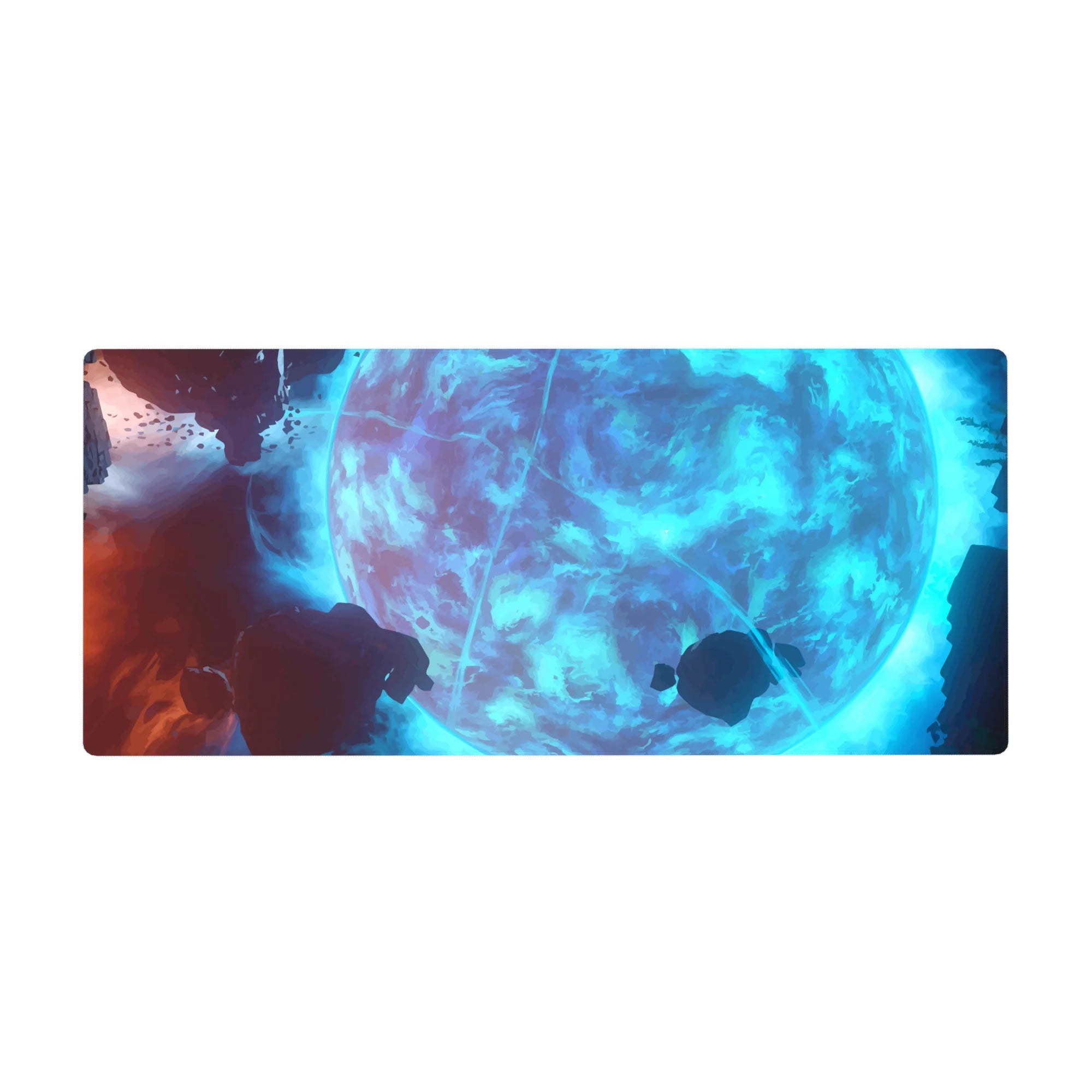 Icy-blue moon and neon arc space desk pad, 36x16 inches, with cloud textures and floating rocks.