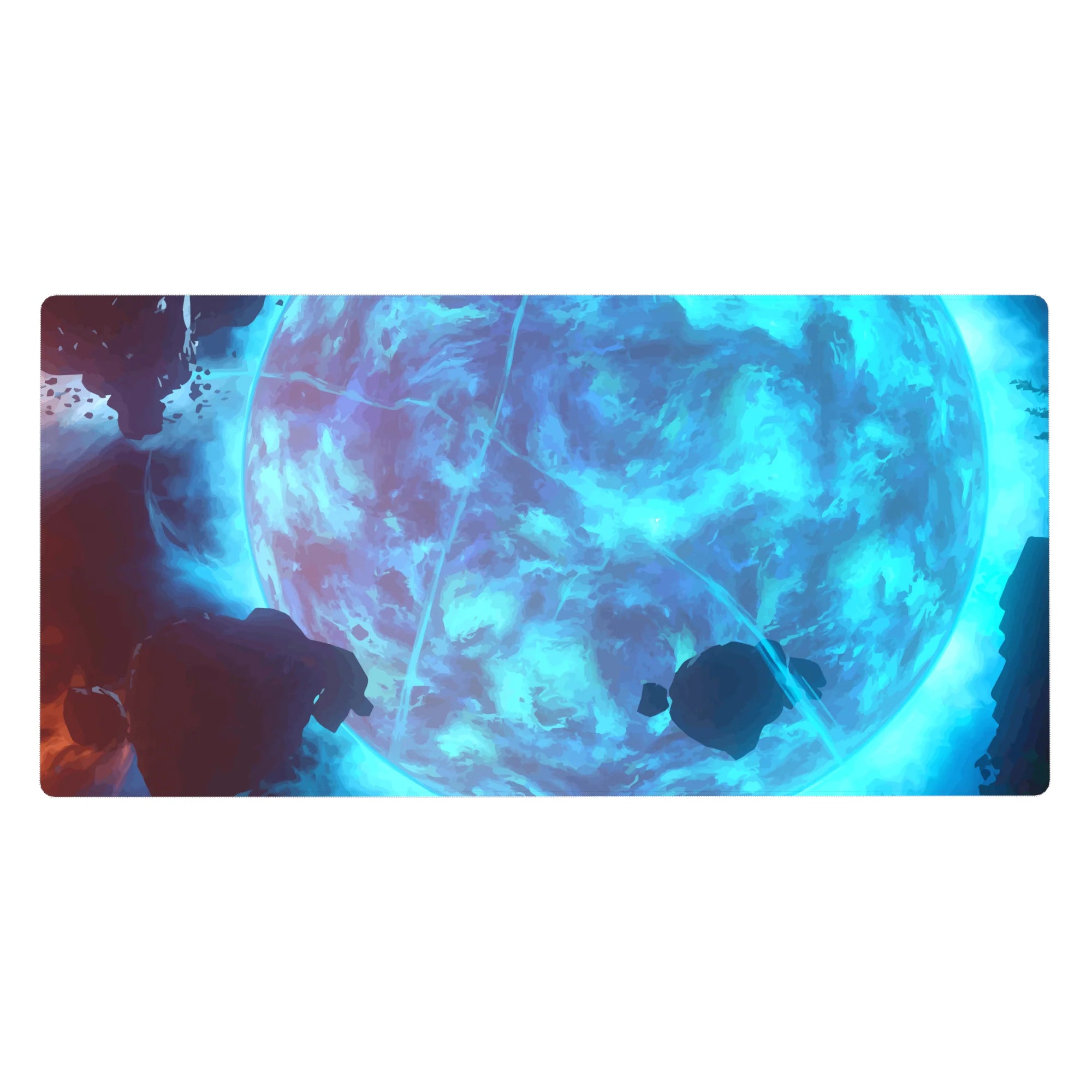 Giant icy-blue moon desk pad with swirling clouds, neon arcs, deep shadows, 40x20 inches.