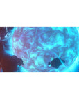 Giant icy-blue moon desk pad with swirling clouds, neon arcs, deep shadows, 40x20 inches.