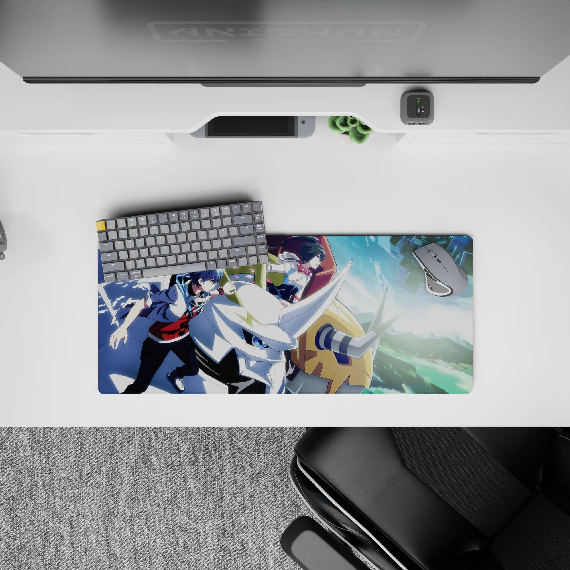 Anime mouse pad 28x12 inches in blue city glow with deep navy hair, gold accents, and high-action energy.