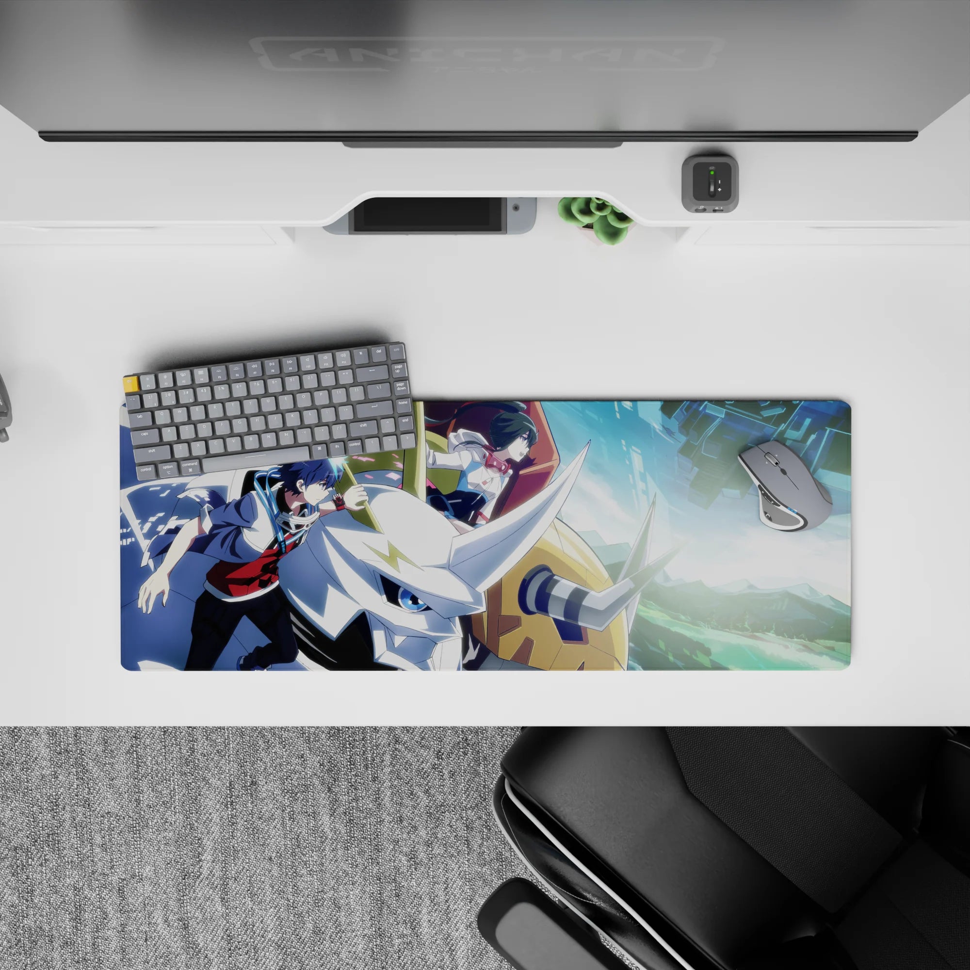 32x12 inches anime mouse pad in blue city glow, deep navy hair, gold accents, bold shadows, focused mood.
