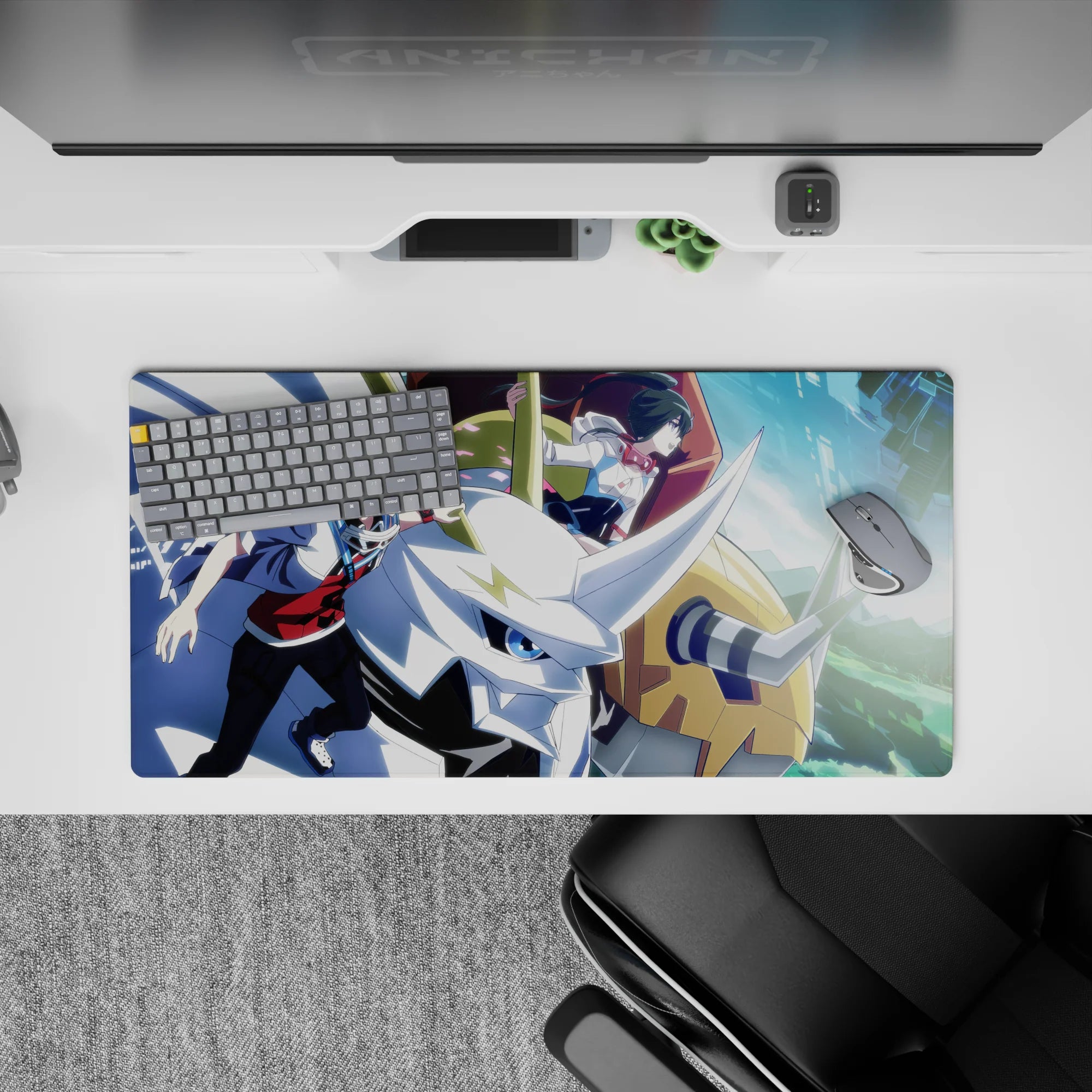 32x16 inches anime mouse pad in blue city glow with navy hair, gold mech accents, bold shadows, focused mood.