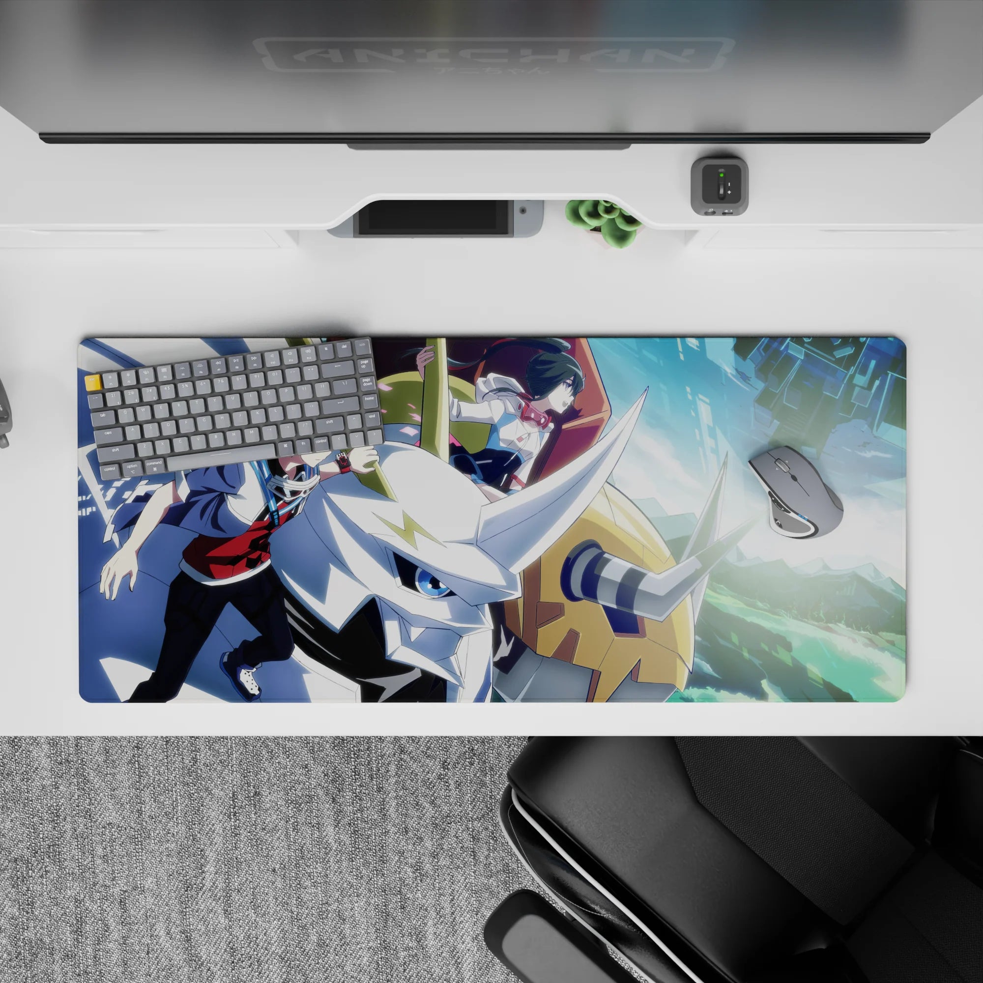 36x16 inches anime desk pad in cool blues and gold accents, bold shadows, fast action energy.