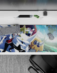 36x16 inches anime desk pad in cool blues and gold accents, bold shadows, fast action energy.
