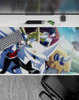 40x20 inches anime desk pad in blue city glow with navy hair, gold metal accents, bold shadows, intense mood.