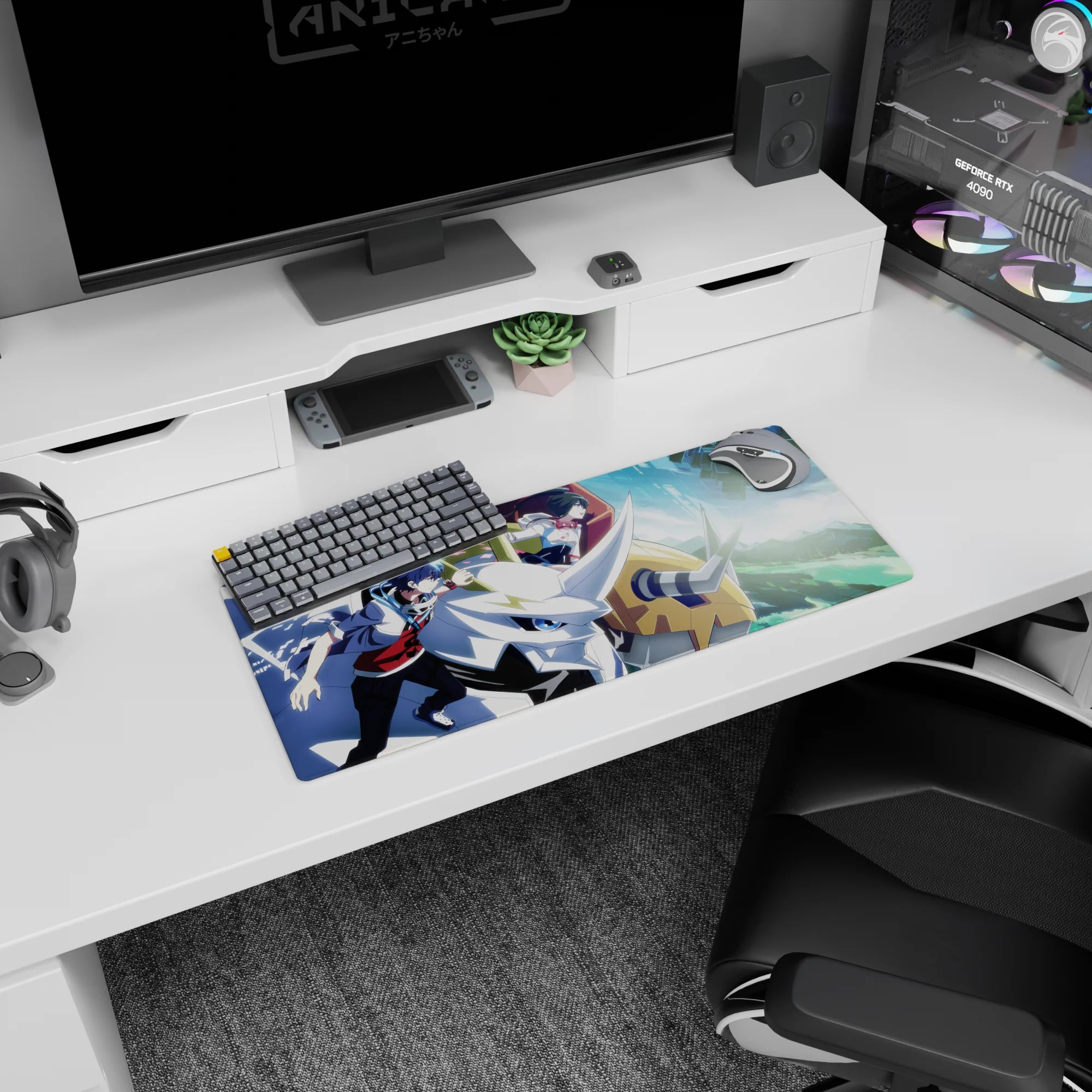 Anime mouse pad 28x12 inches showing two uniformed riders gripping a horned white mech with wind lines.