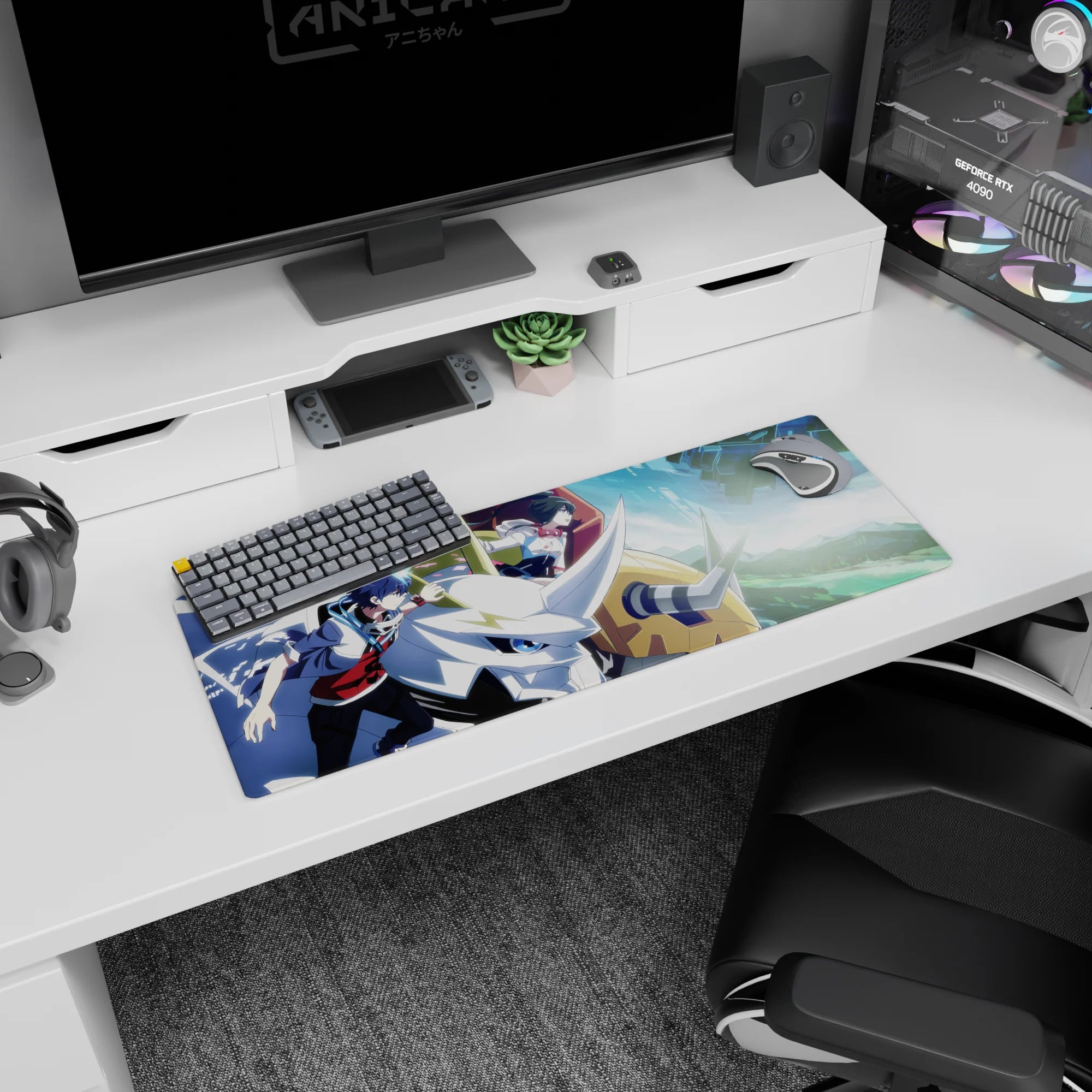 32x12 inches anime mouse pad showing two uniformed riders gripping a white horned mech with wind lines.