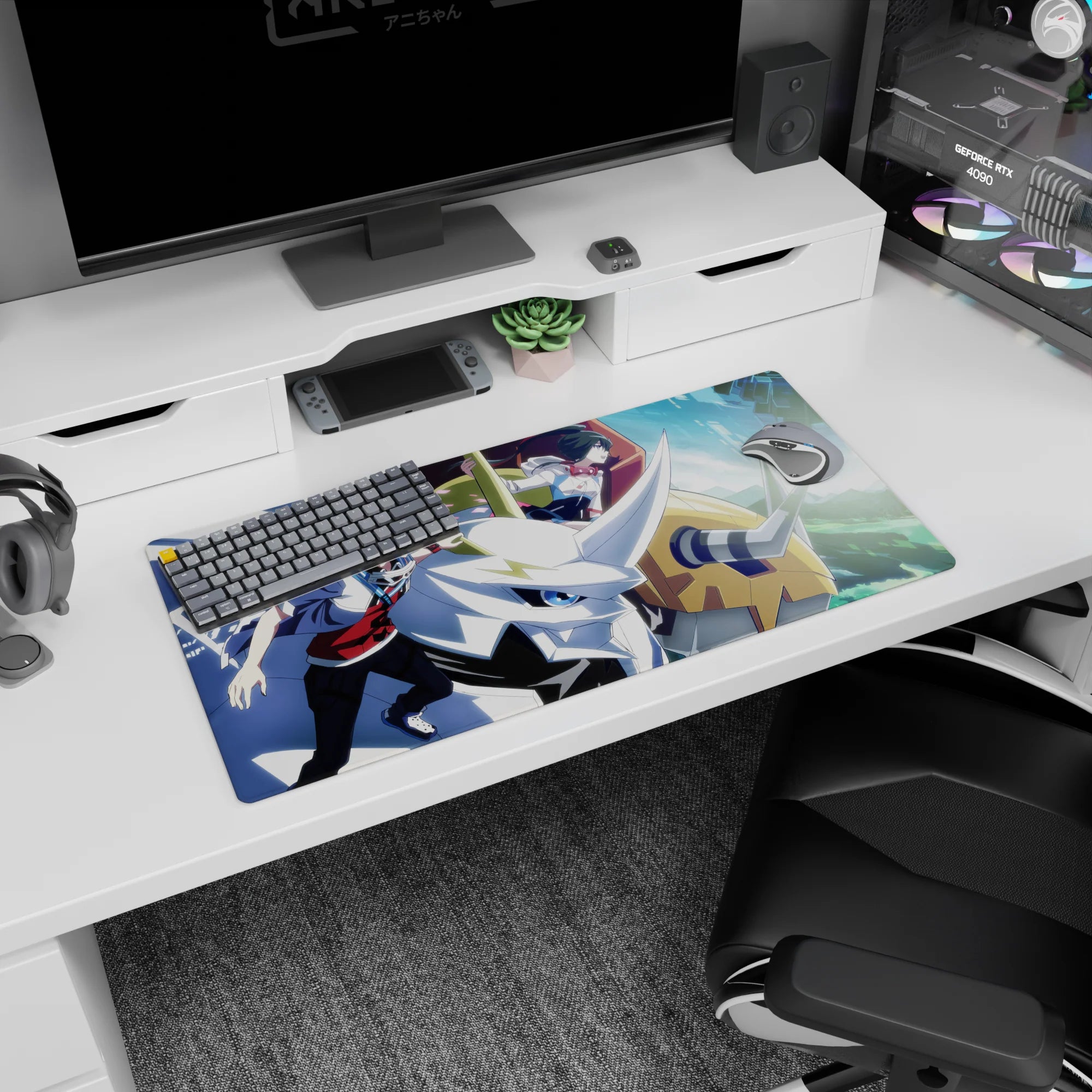 32x16 inches anime mouse pad showing two uniformed riders gripping a sleek white horned mech at high speed.