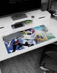 32x16 inches anime mouse pad showing two uniformed riders gripping a sleek white horned mech at high speed.
