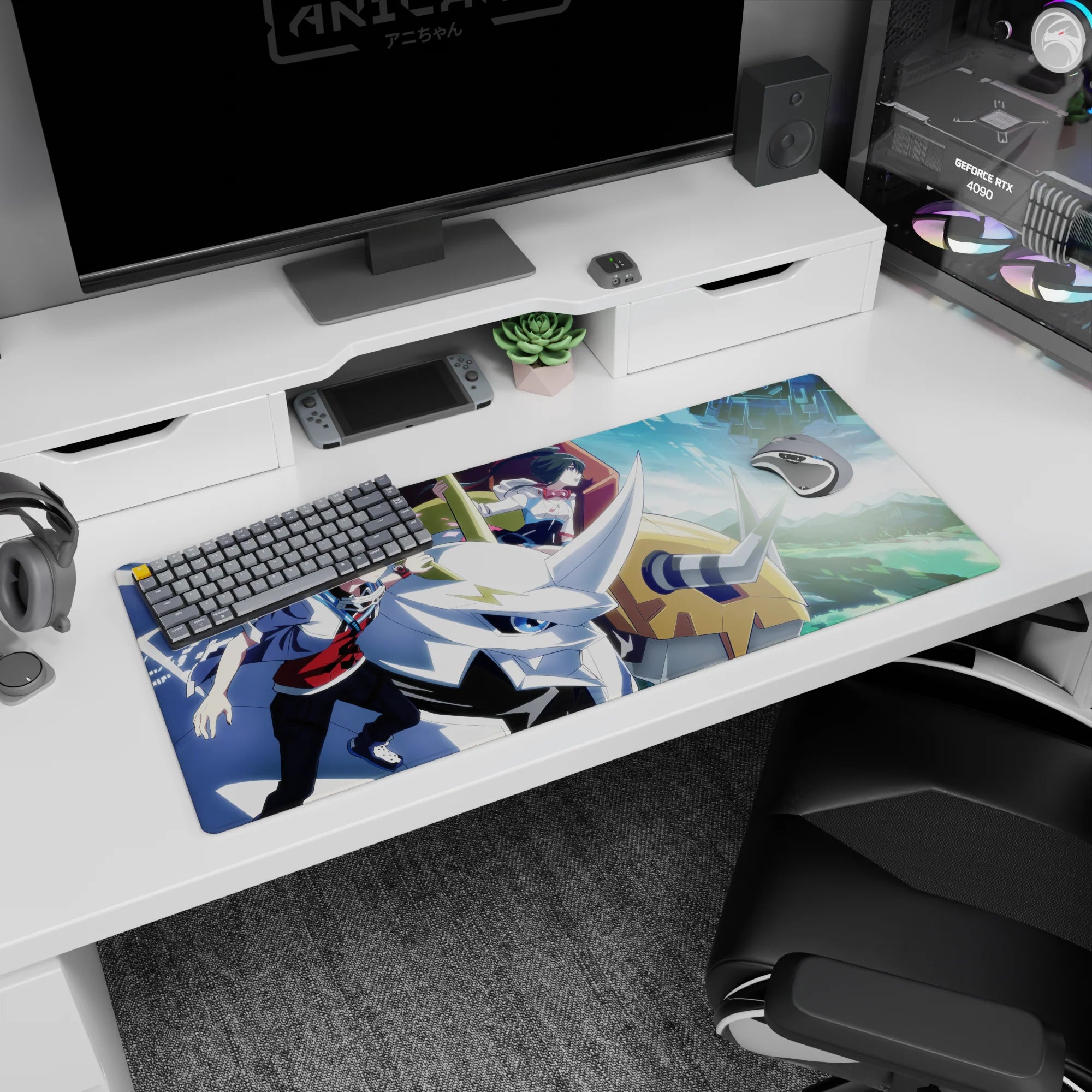 36x16 inches anime desk pad showing two uniformed riders gripping a white horned mech with wind streaks.