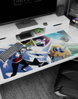 40x20 inches anime desk pad showing focused school-uniform duo gripping a sleek horned mech racing forward.