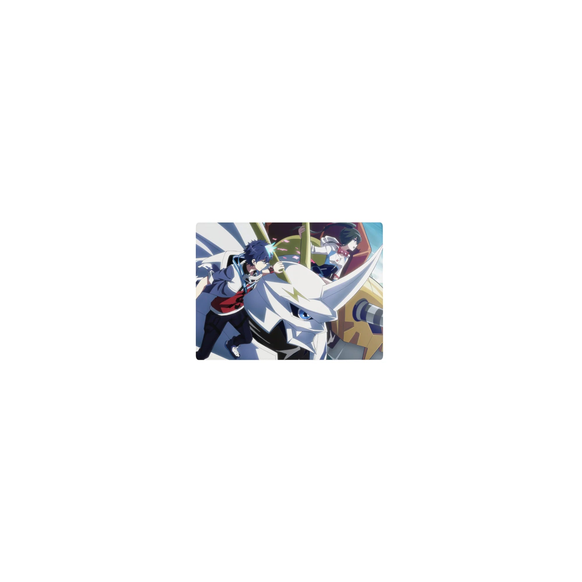 Classic anime mouse pad 14x10 inches with two riders on a sleek white horned mech over blue city lights.