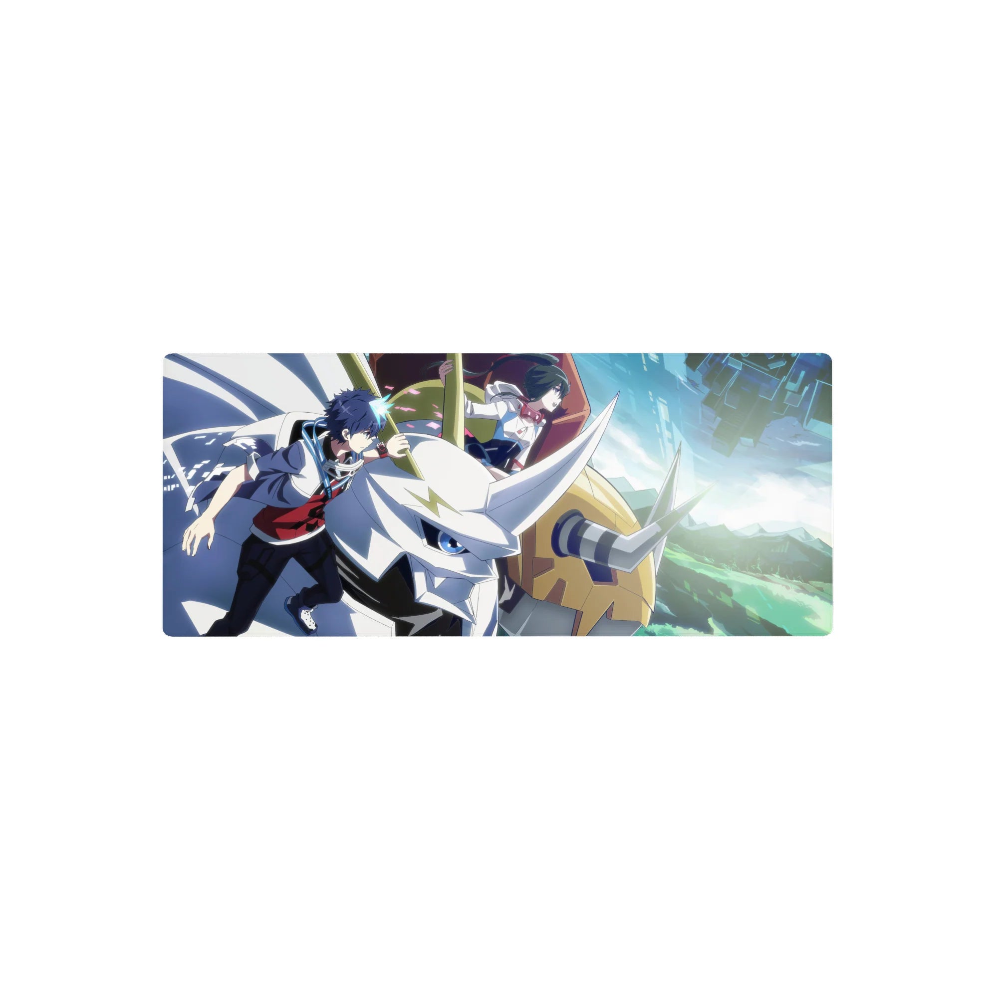Anime mouse pad 28x12 inches featuring two riders on a sleek white horned mech racing through city lights.