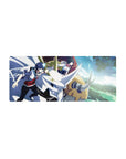 Anime mouse pad 28x12 inches featuring two riders on a sleek white horned mech racing through city lights.