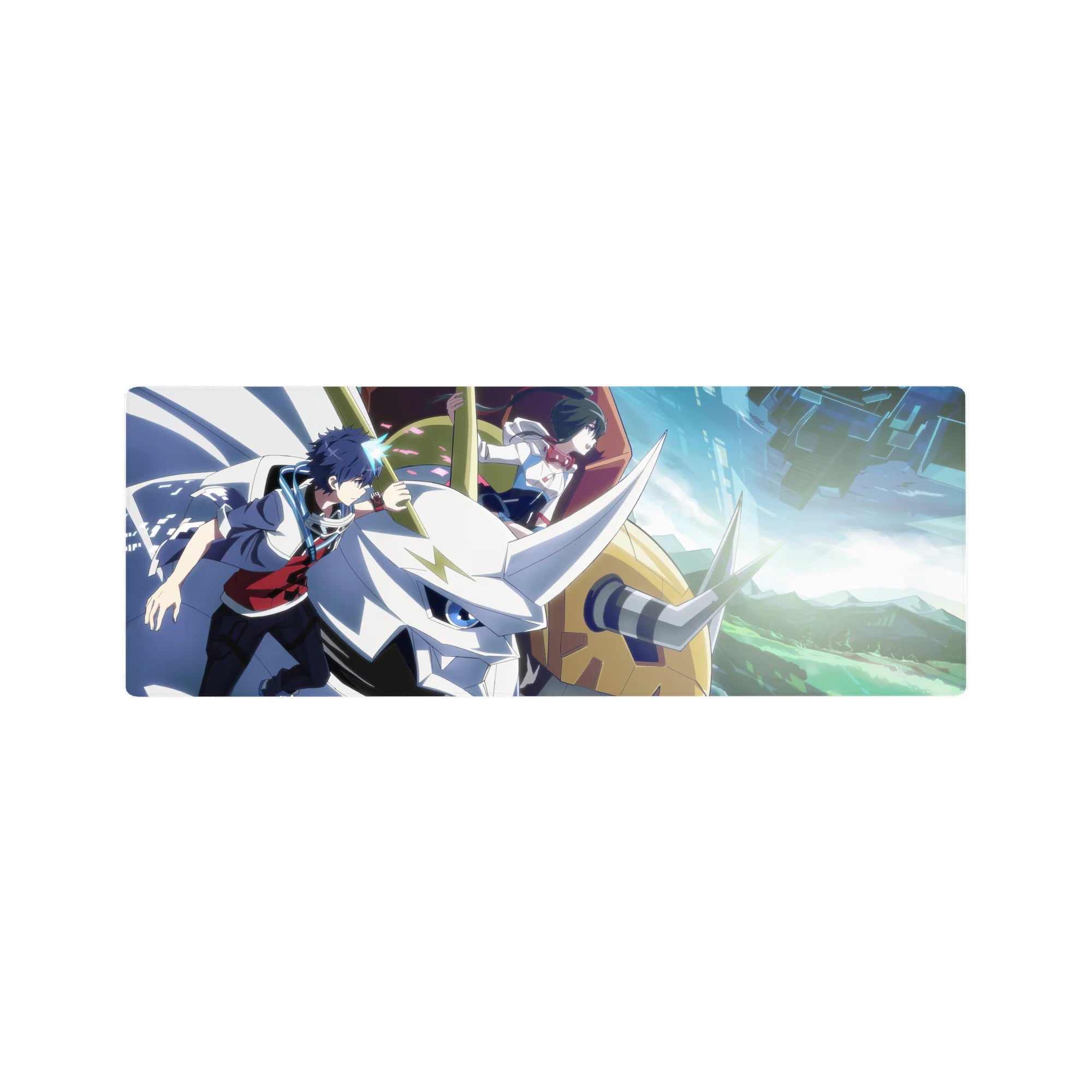 32x12 inches anime mouse pad with two riders on a sleek white horned mech, dynamic action city backdrop.