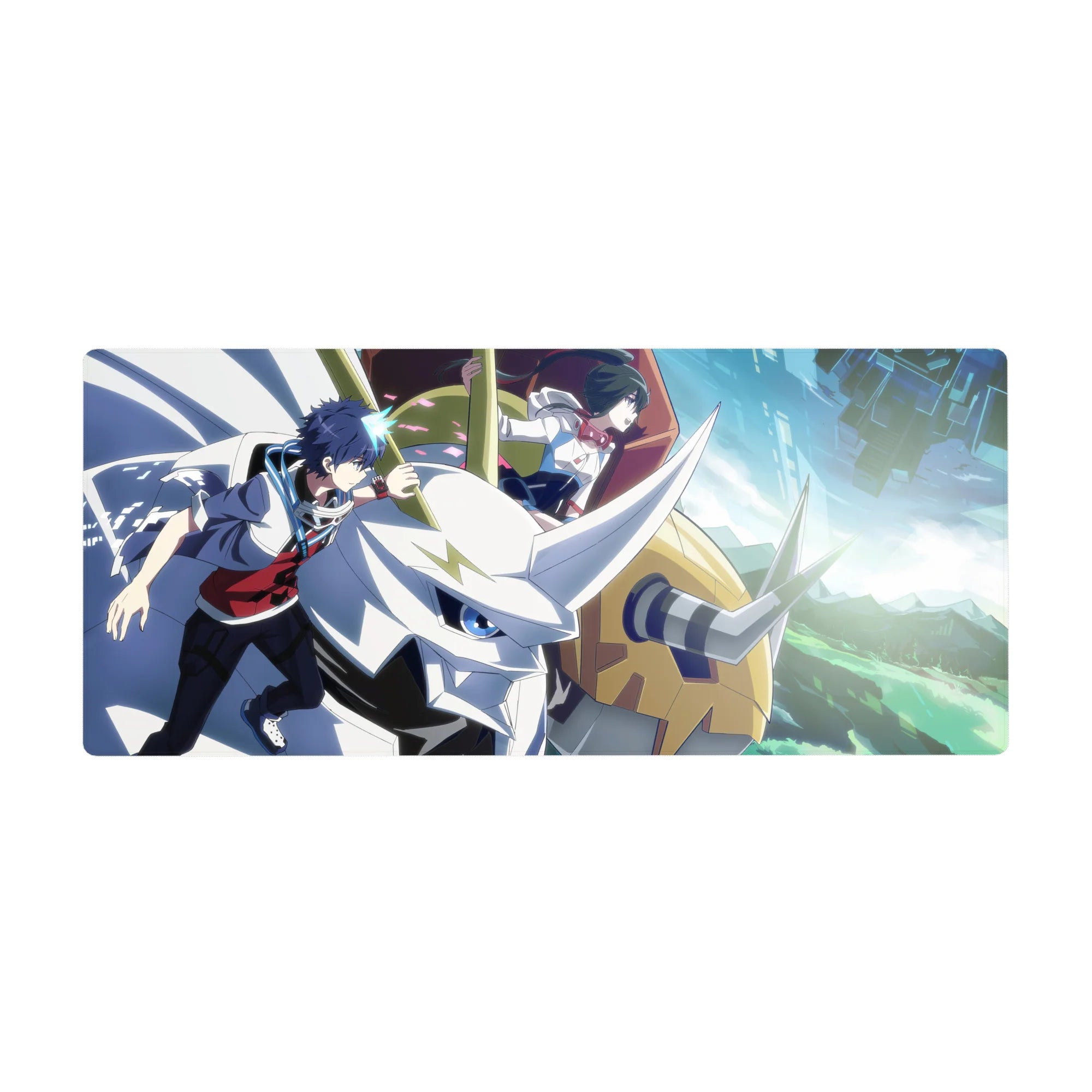 Anime desk pad 36x16 inches with two riders on a sleek white horned mech over blue city lights.