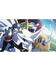 40x20 inches anime desk pad with two riders on a white horned mech, city speed lines, heroic action.